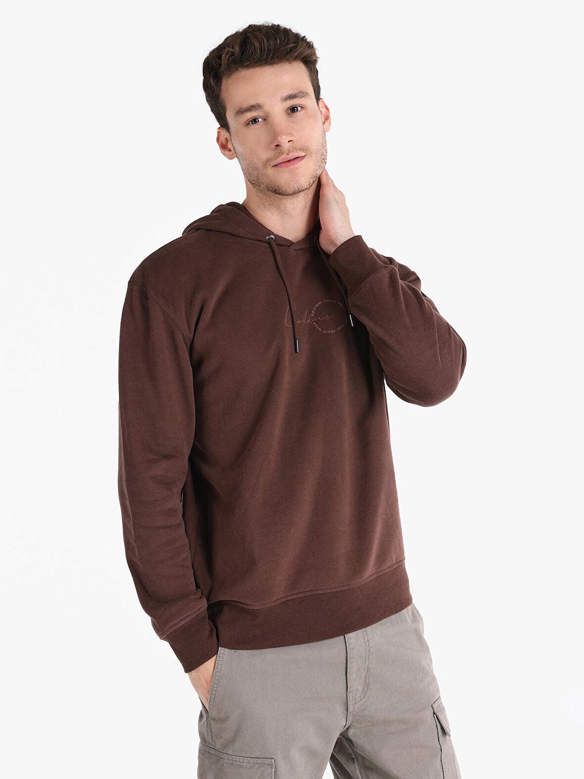 Regular Fit Kapüşonlu Baskılı Kahverengi Erkek Sweatshirt