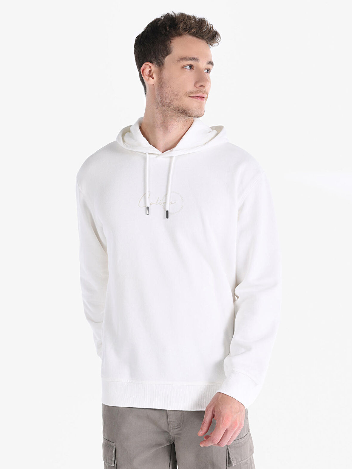 Regular Fit Kapüşonlu Baskılı Beyaz Erkek Sweatshirt