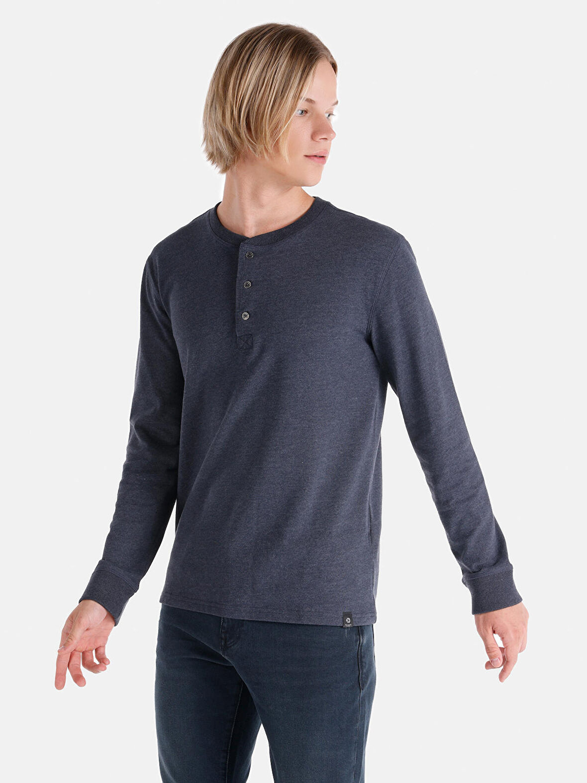 Regular Fit Düğmeli Yaka Lacivert Erkek Uzun Kol Tişört