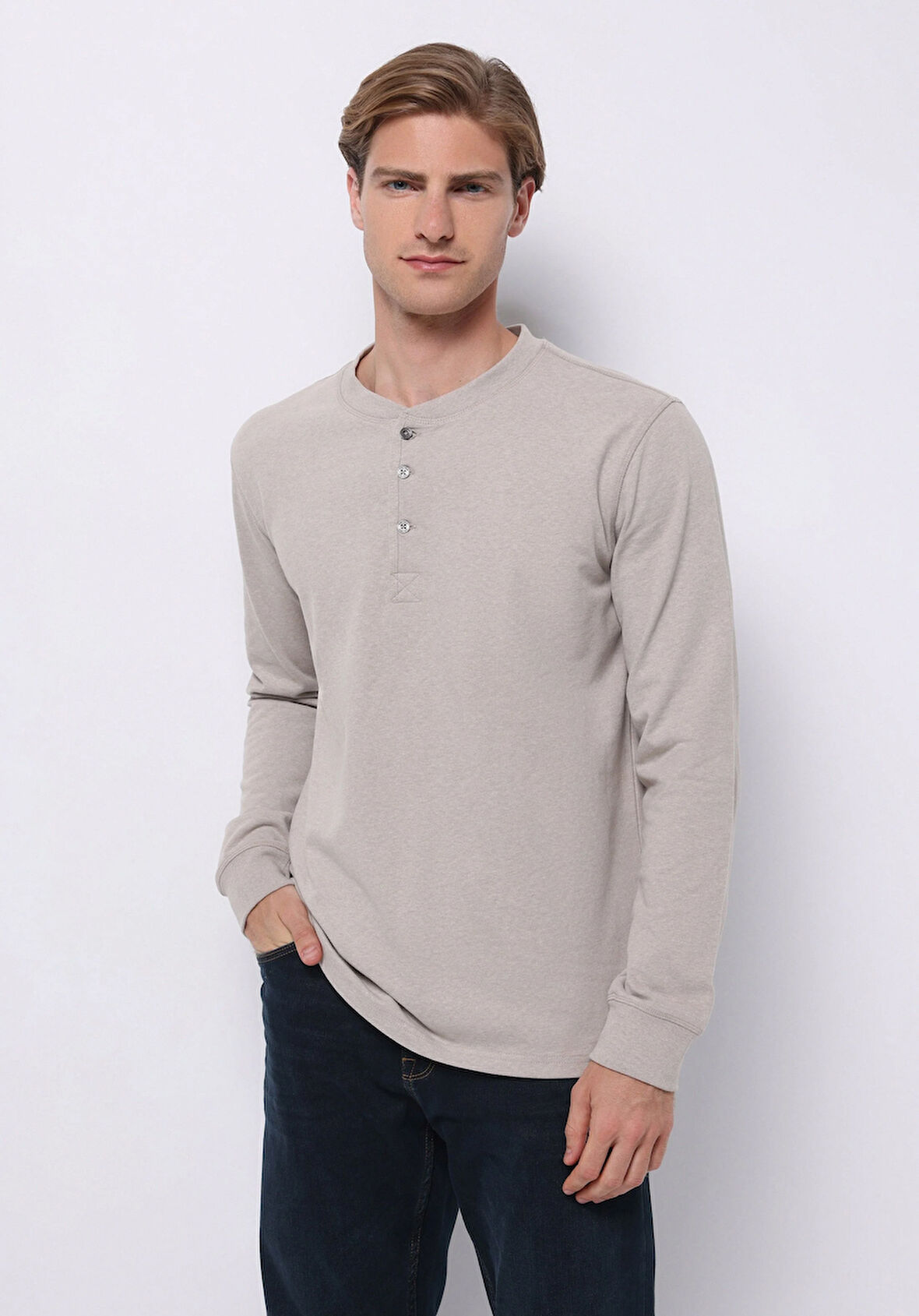 Slim Fit Düğmeli Yaka Düz Erkek Bej Uzun Kol Tişört