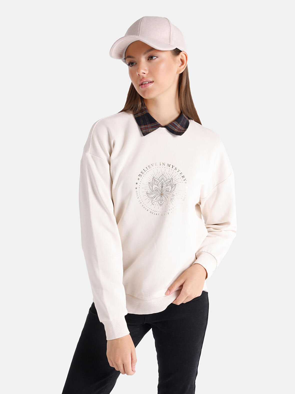 Regular Fit Bisiklet Yaka Baskılı Gri Kadın Sweatshirt