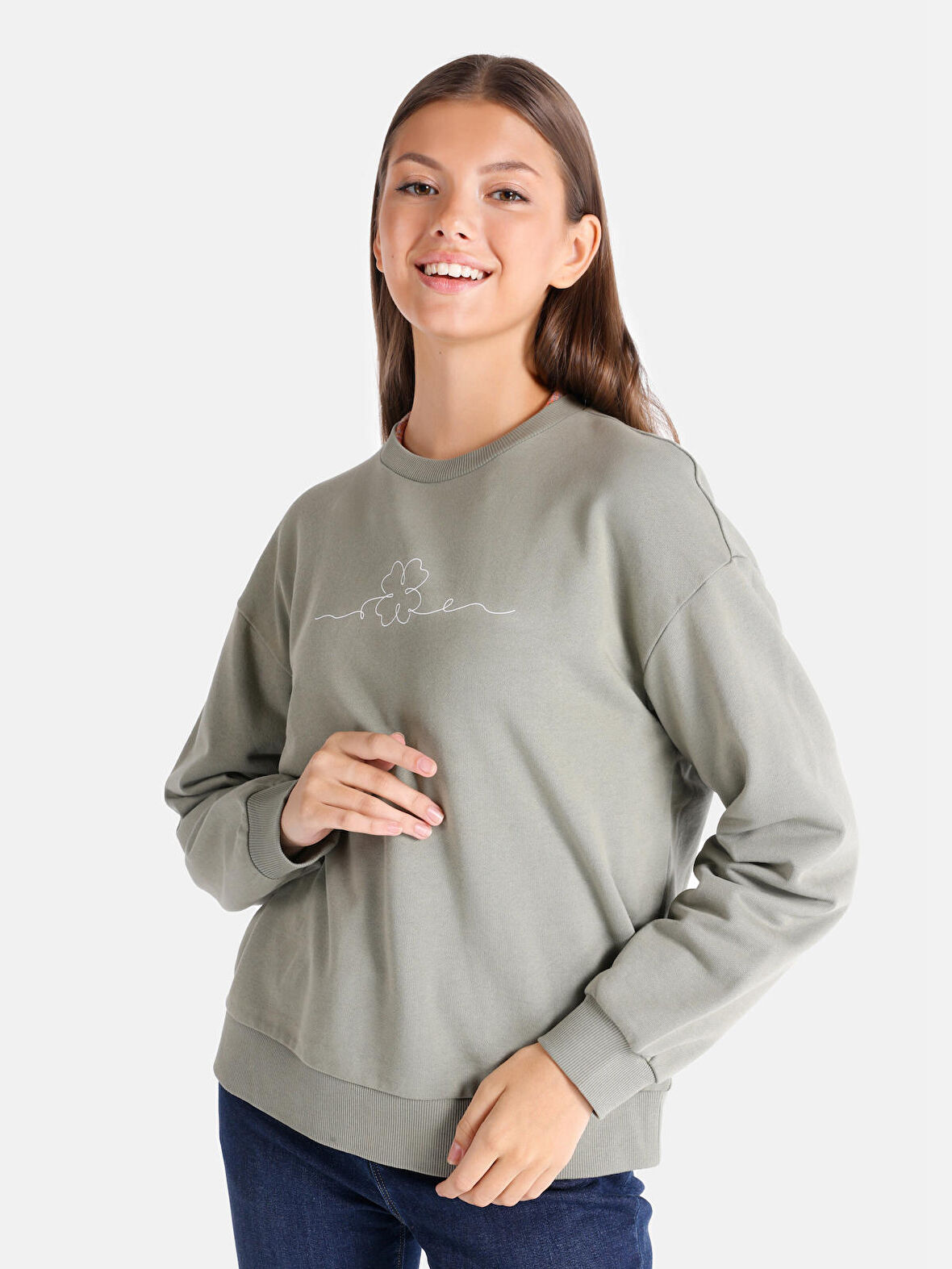 Regular Fit Bisiklet Yaka Baskılı Yeşil Kadın Sweatshirt