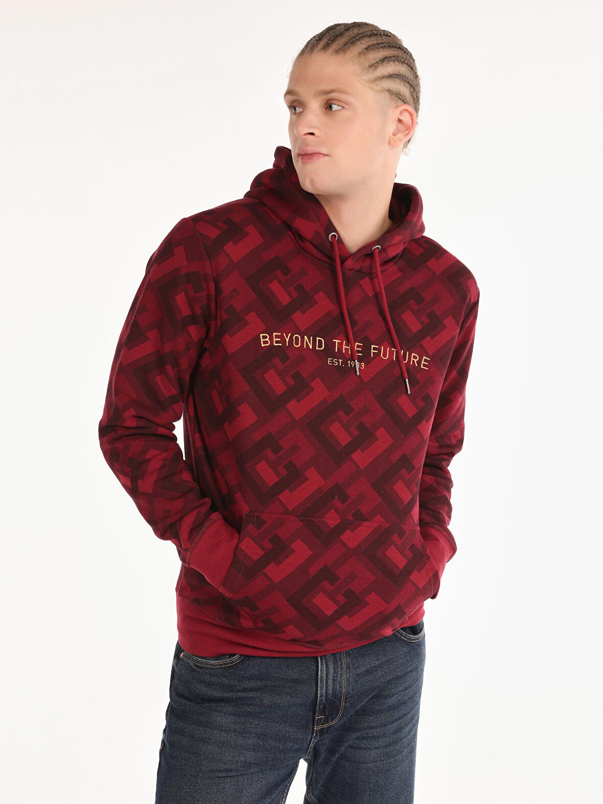 Regular Fit Baskılı Kapüşonlu Mor Erkek Sweatshirt