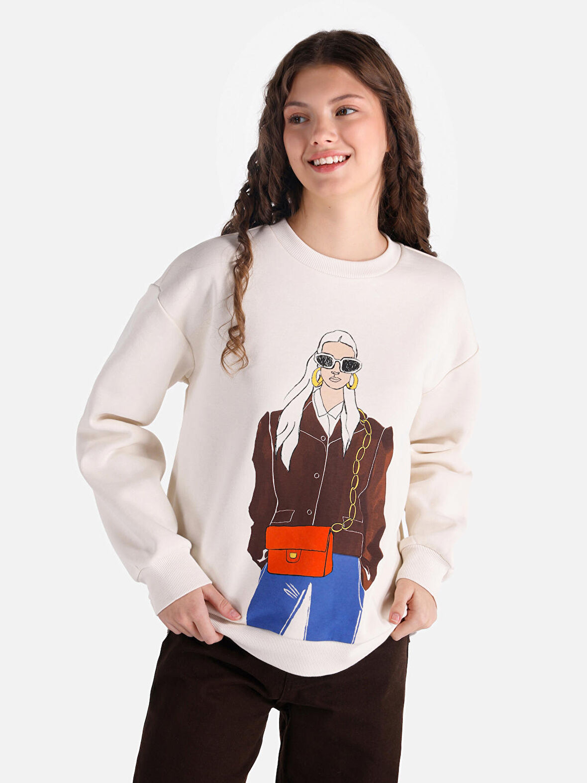 Regular Fit Bisiklet Yaka Baskılı Ekru Kadın Sweatshirt