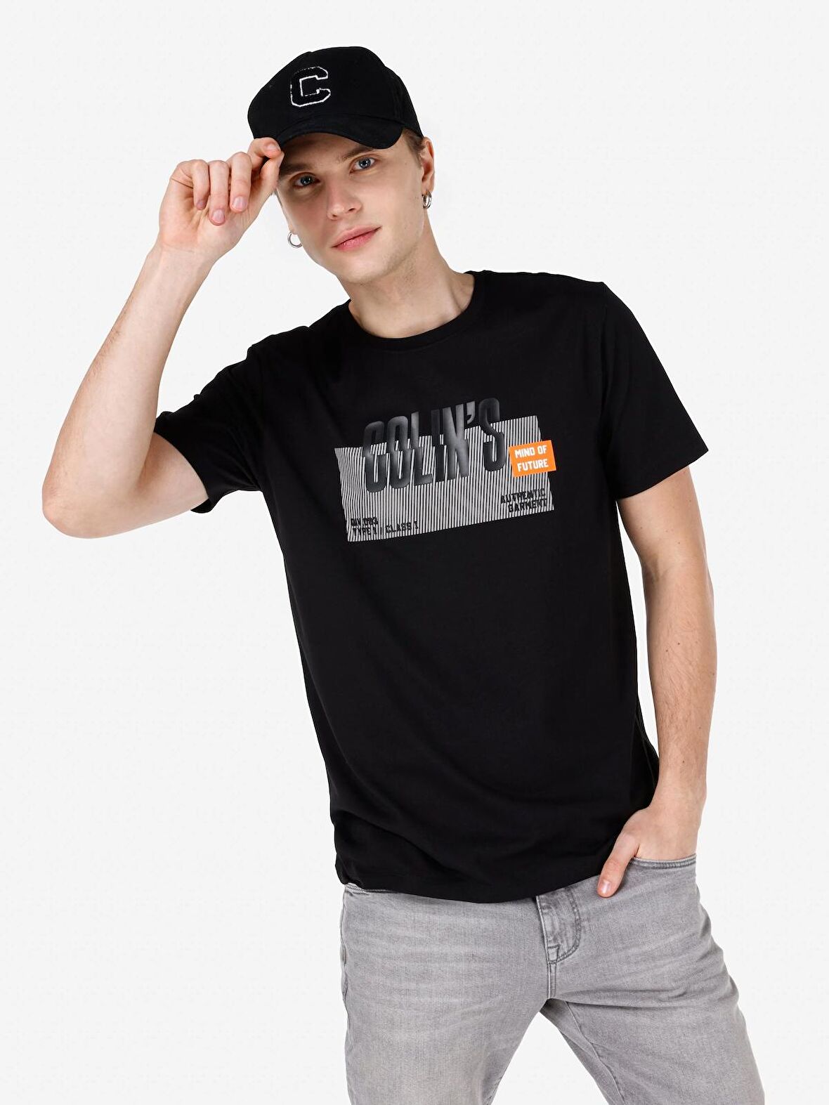 Normal Kesim Bisiklet Yaka Baskılı Siyah Erkek Kısa Kol Tişört Cl1066631