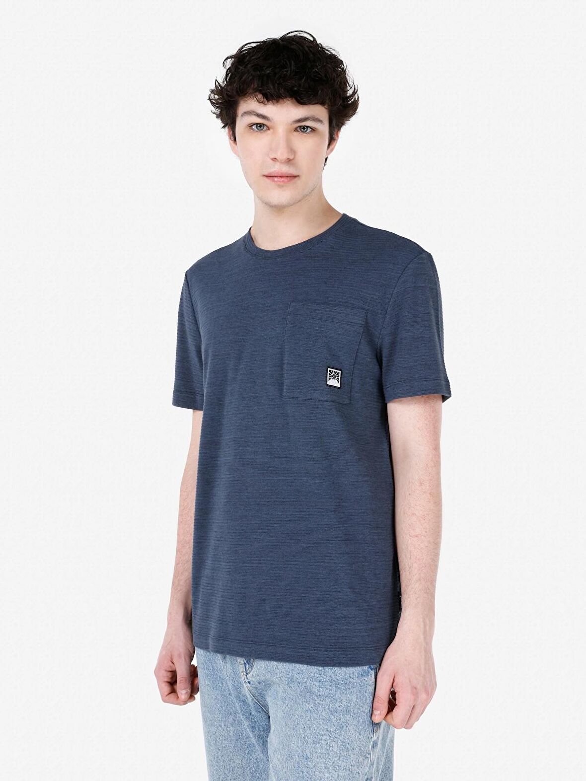 Normal Kesim Bisiklet Yaka Baskılı Mavi Erkek Kısa Kol Tişört