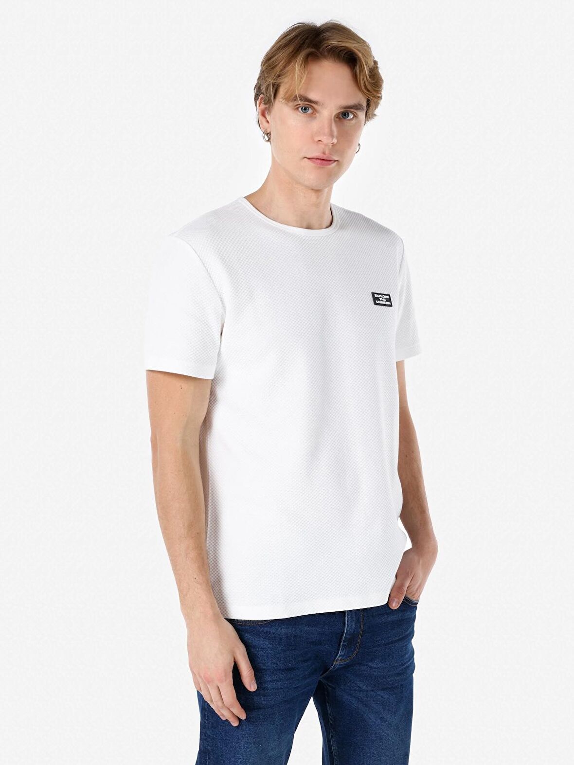 Normal Kesim Bisiklet Yaka Baskılı Beyaz Erkek Kısa Kol Tişört Cl1066782