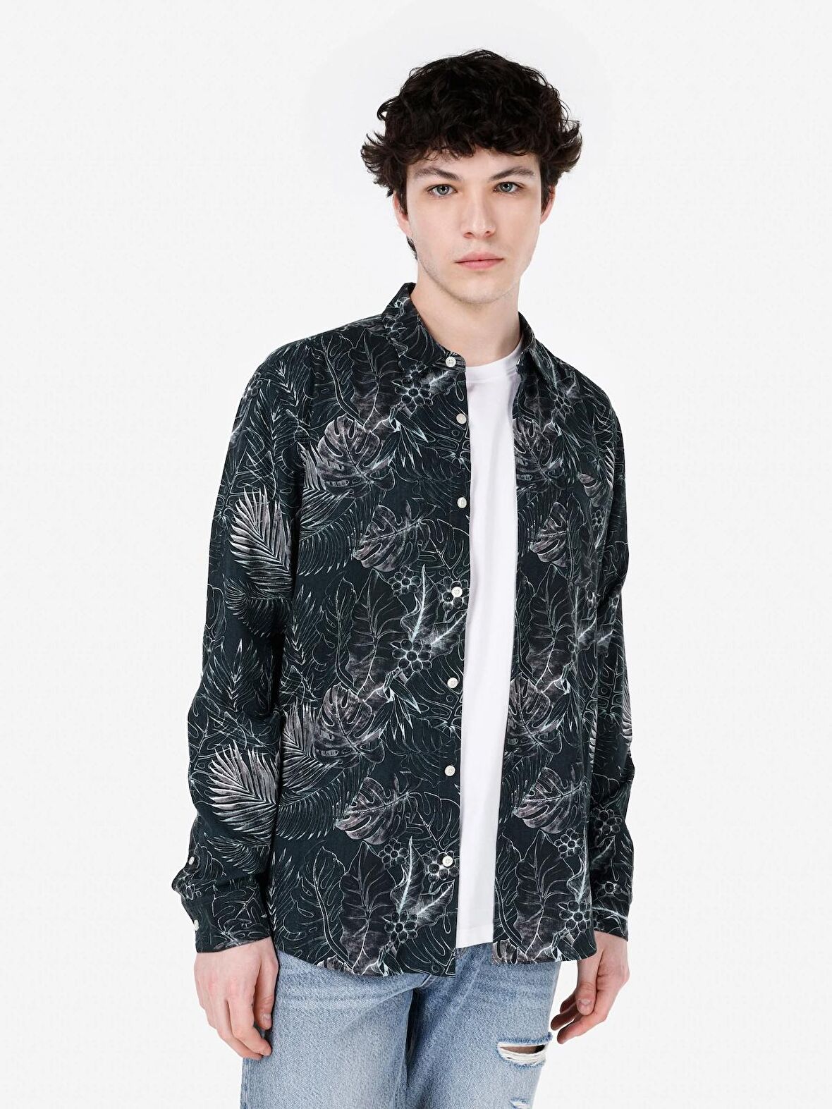 Normal Kesim Shirt Yaka Yeşil Erkek Uzun Kol Gömlek