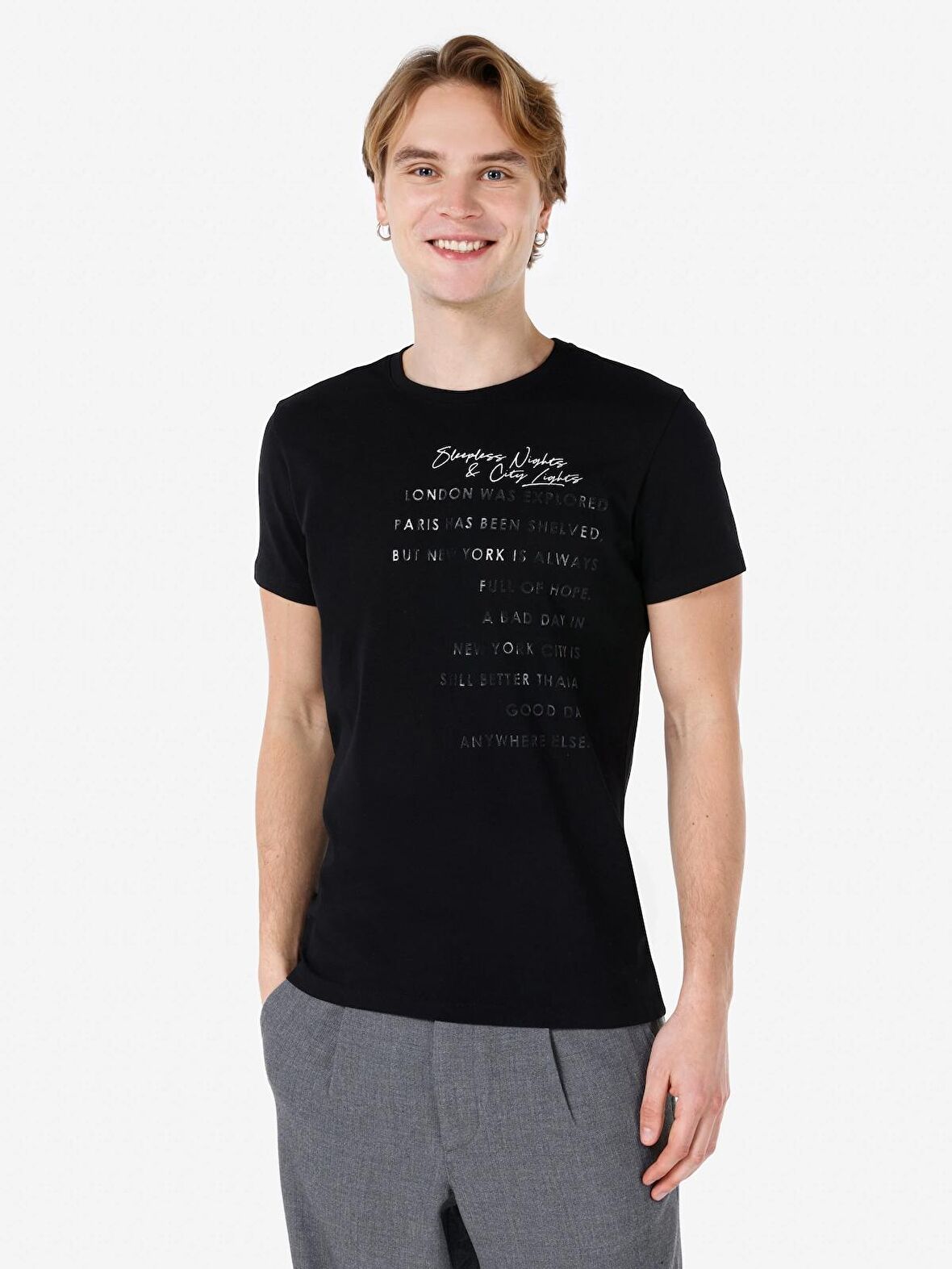 Dar Kesim Bisiklet Yaka Baskılı Siyah Erkek Kısa Kol Tişört Cl1067043