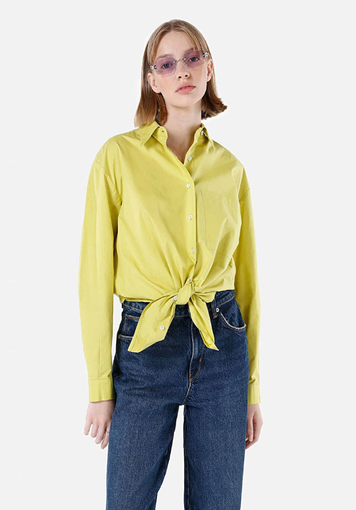 Regular Fit Shirt Neck  Kadın Yeşil Uzun Kol Gömlek