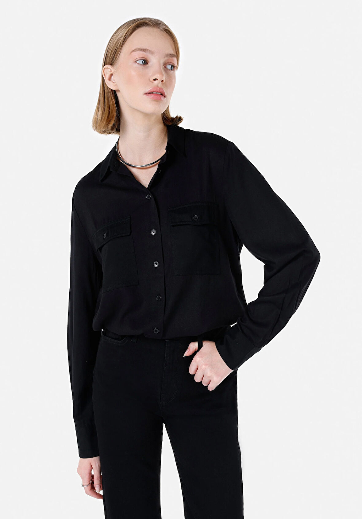 Regular Fit Shirt Neck  Kadın Siyah Uzun Kol Gömlek Cl1067341