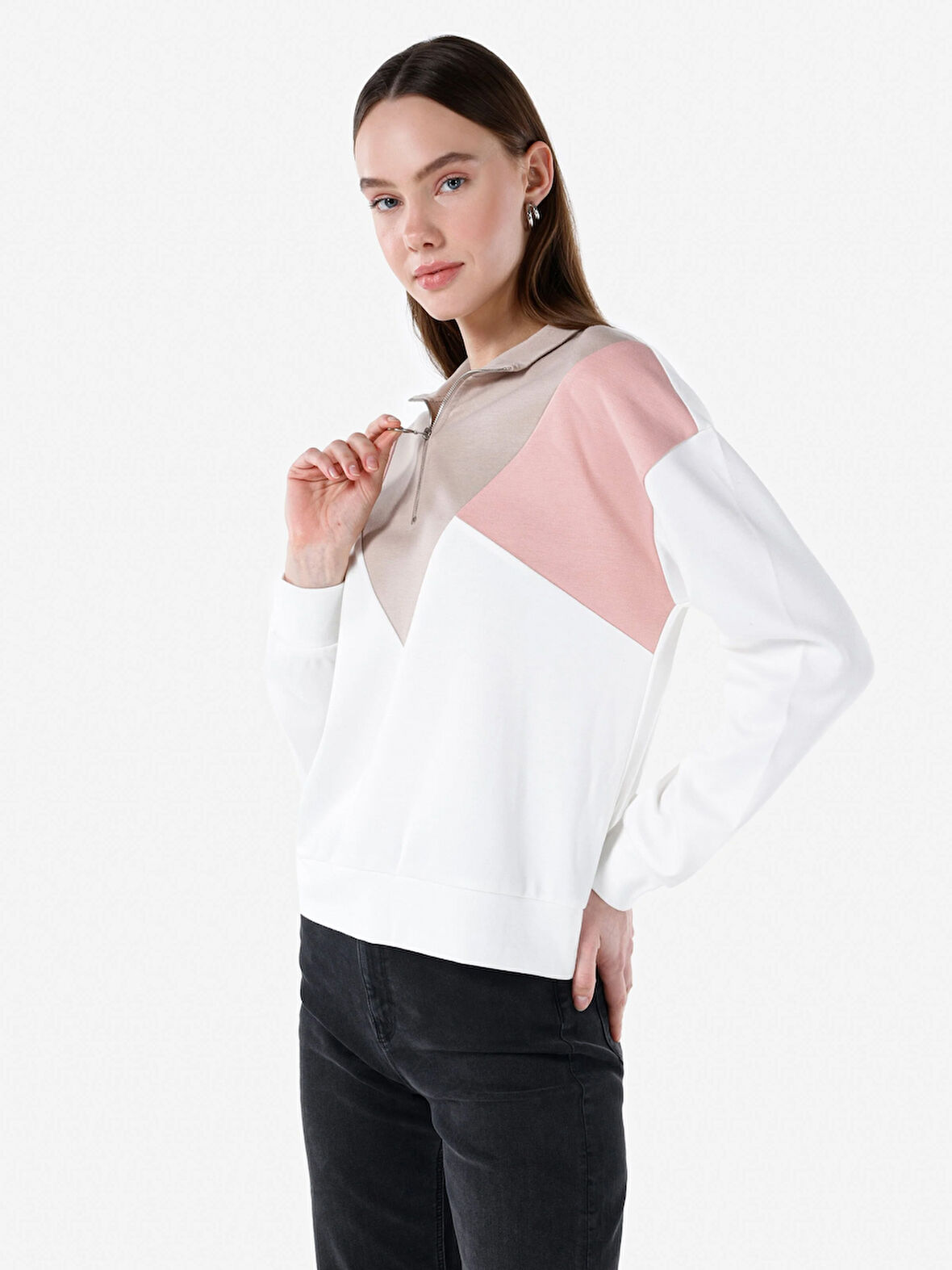 Regular Fit Fermuarlı Düz Kadın Çok Renkli Sweatshirt Cl1067436