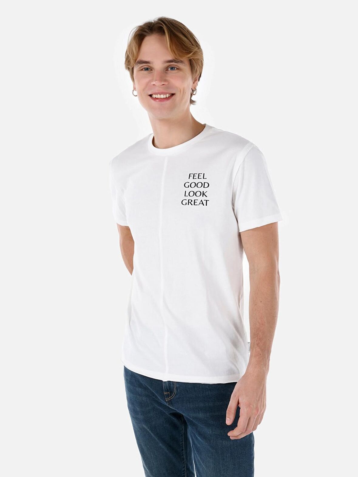 Normal Kesim Bisiklet Yaka Baskılı Beyaz Erkek Kısa Kol Tişört Cl1067613