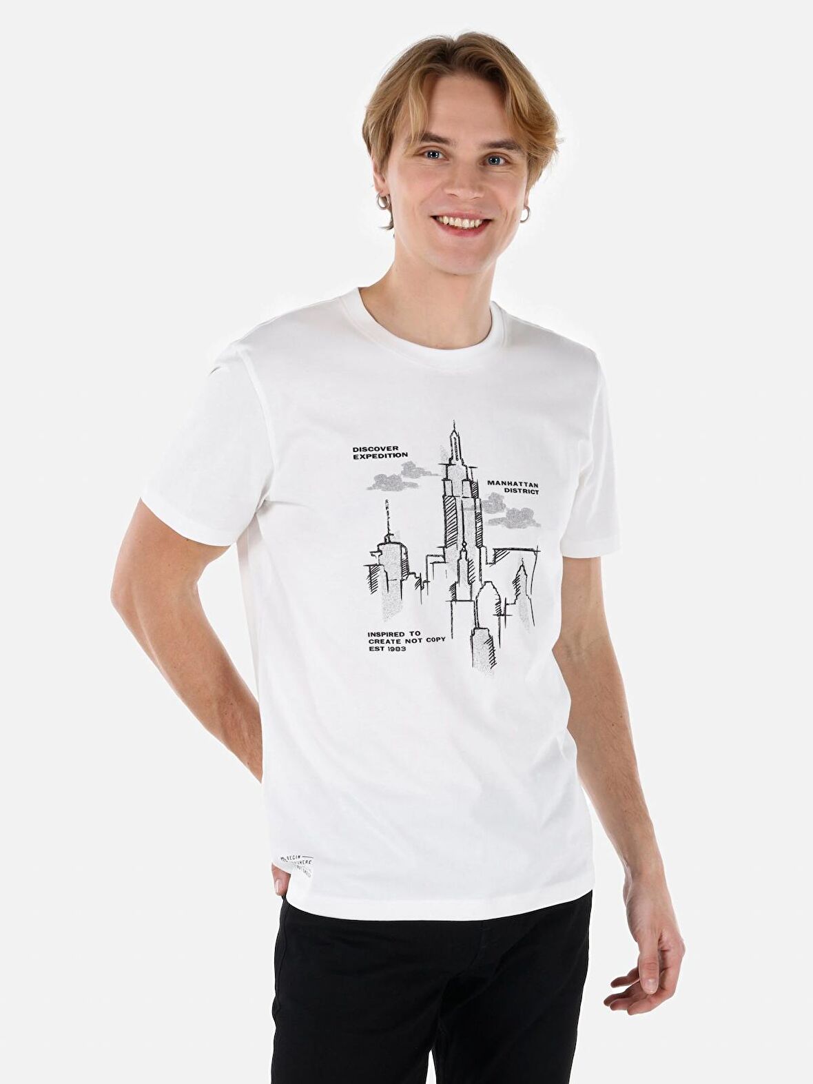 Normal Kesim Bisiklet Yaka Baskılı Beyaz Erkek Kısa Kol Tişört Cl1067631