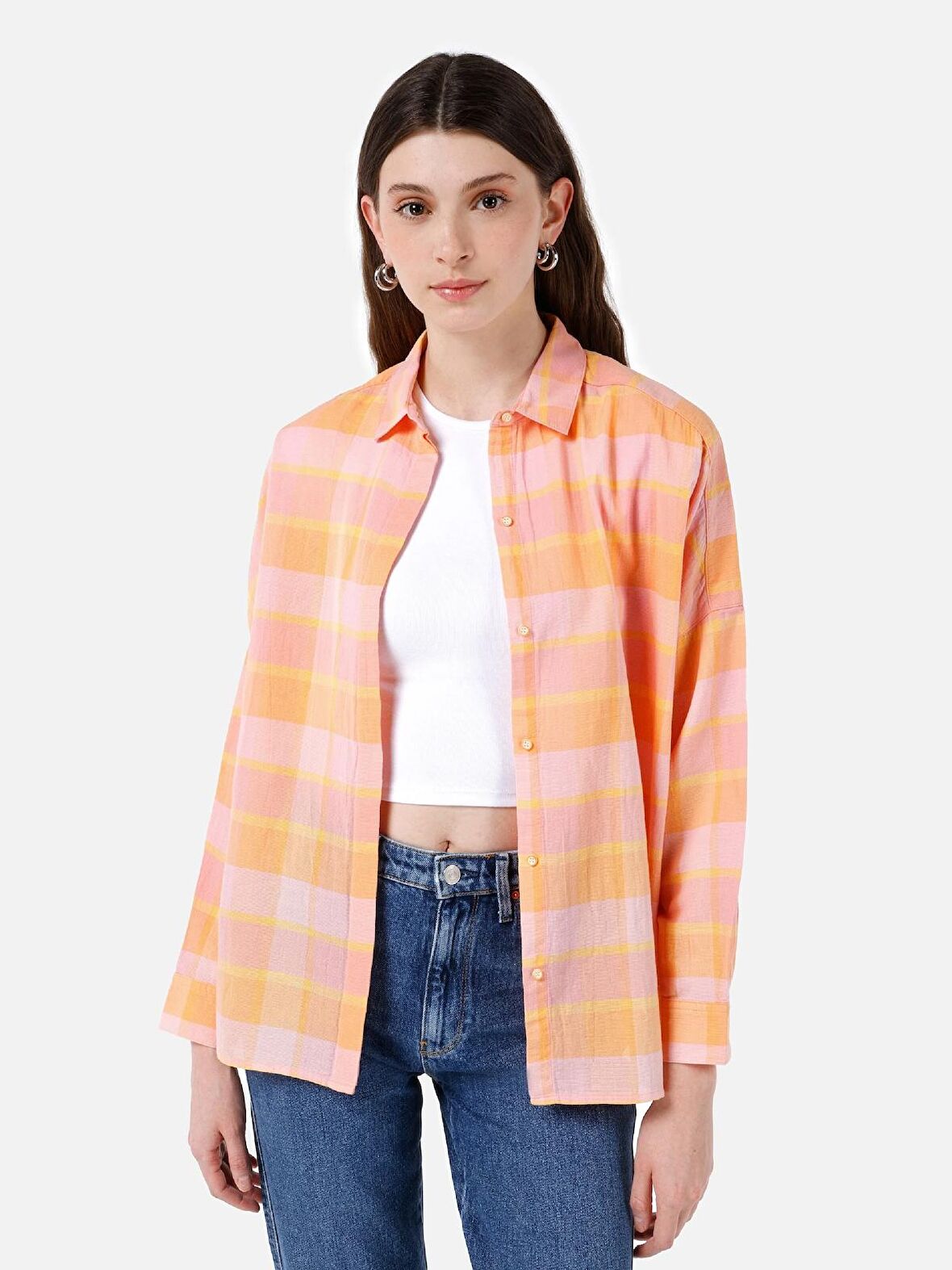 Normal Kesim Shirt Yaka Turuncu Kadın Uzun Kol Gömlek