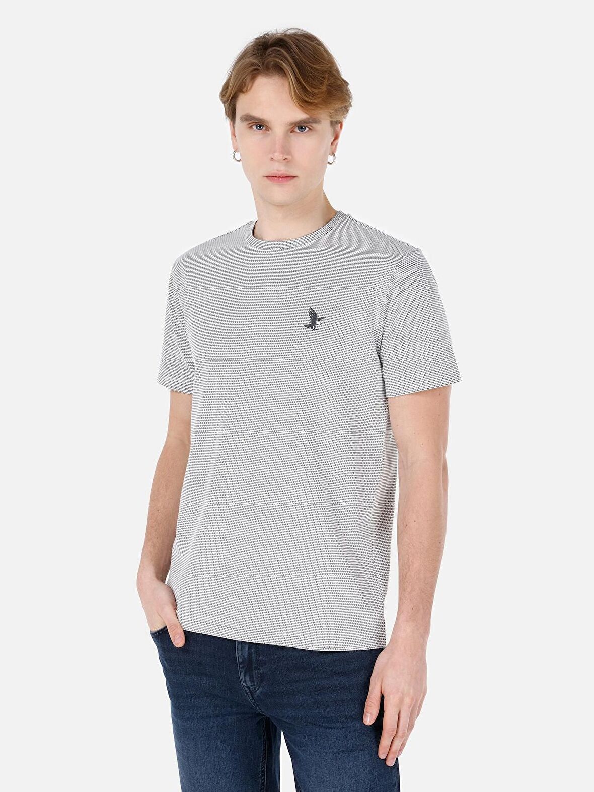 Normal Kesim Bisiklet Yaka Baskılı Beyaz Erkek Kısa Kol Tişört Cl1067720