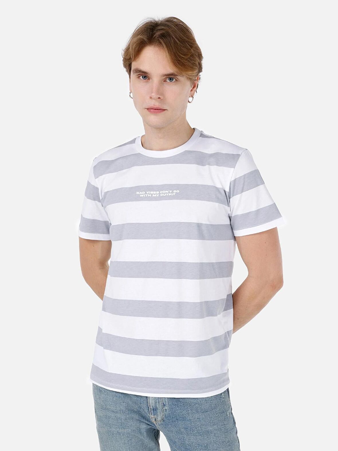 Normal Kesim Bisiklet Yaka Baskılı Gri Erkek Kısa Kol Tişört Cl1067726