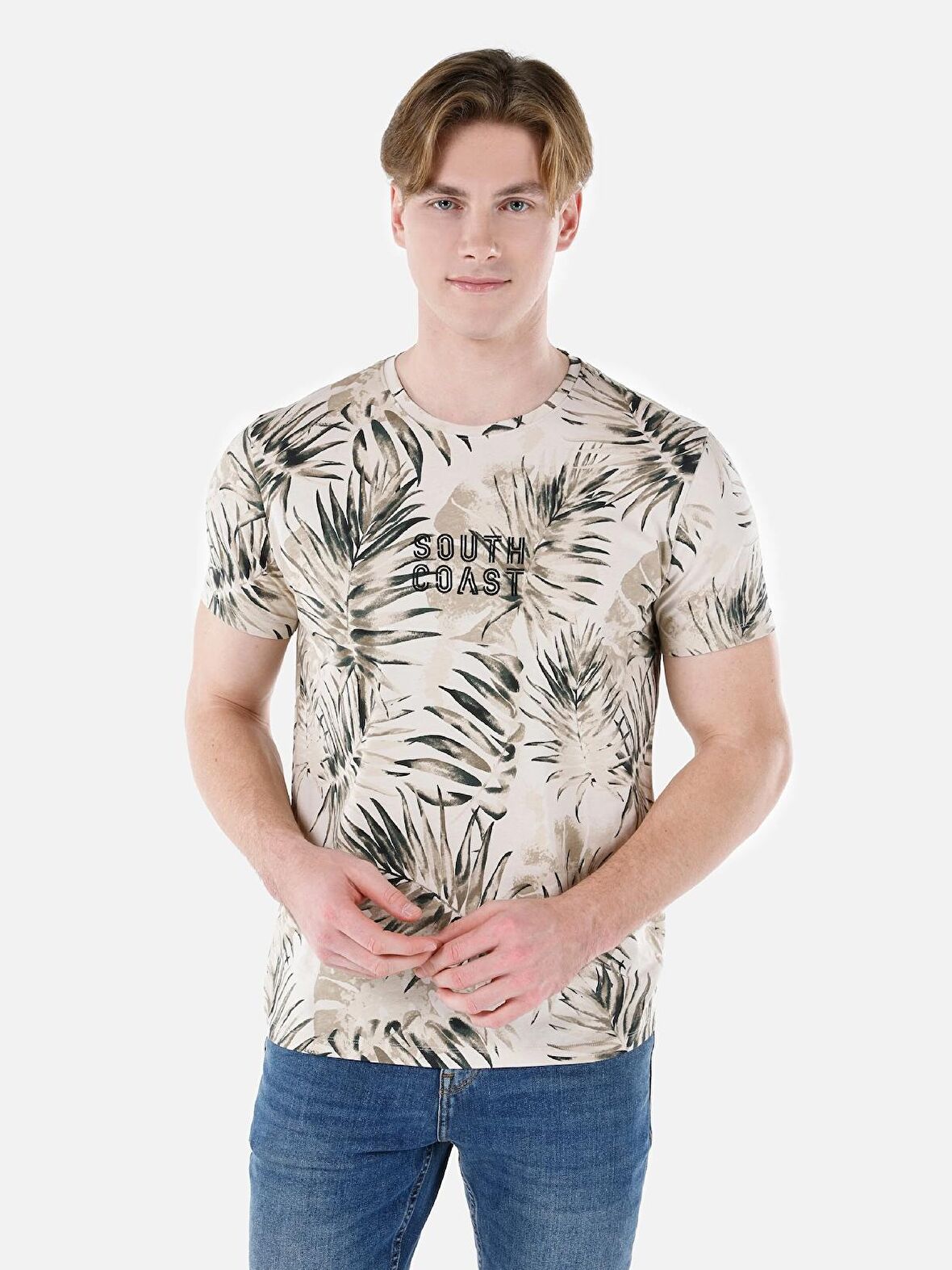 Normal Kesim Bisiklet Yaka Baskılı Bej Erkek Kısa Kol Tişört Cl1067738