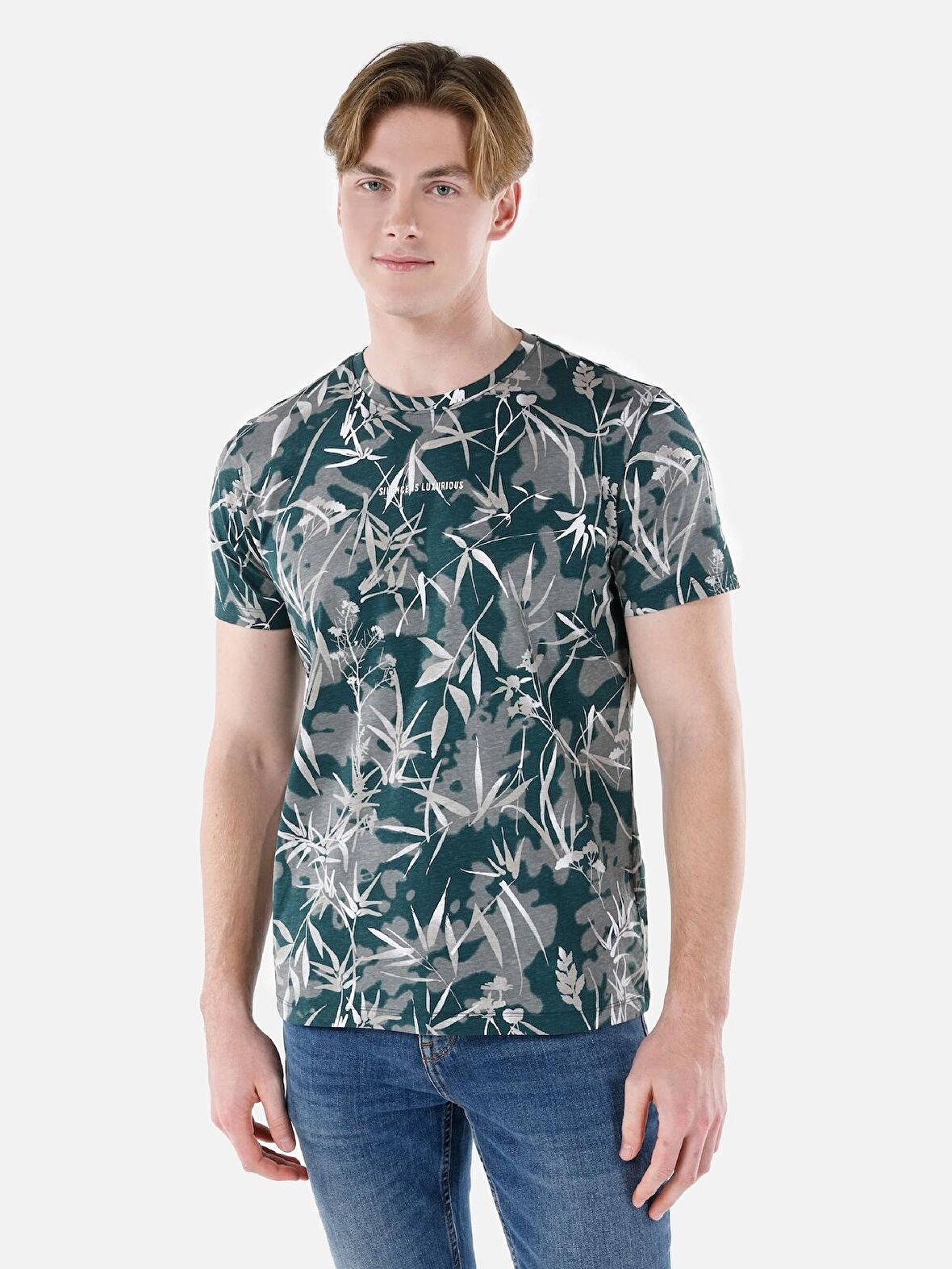 Normal Kesim Bisiklet Yaka Baskılı Çok Renkli Erkek Kısa Kol Tişört Cl1067762