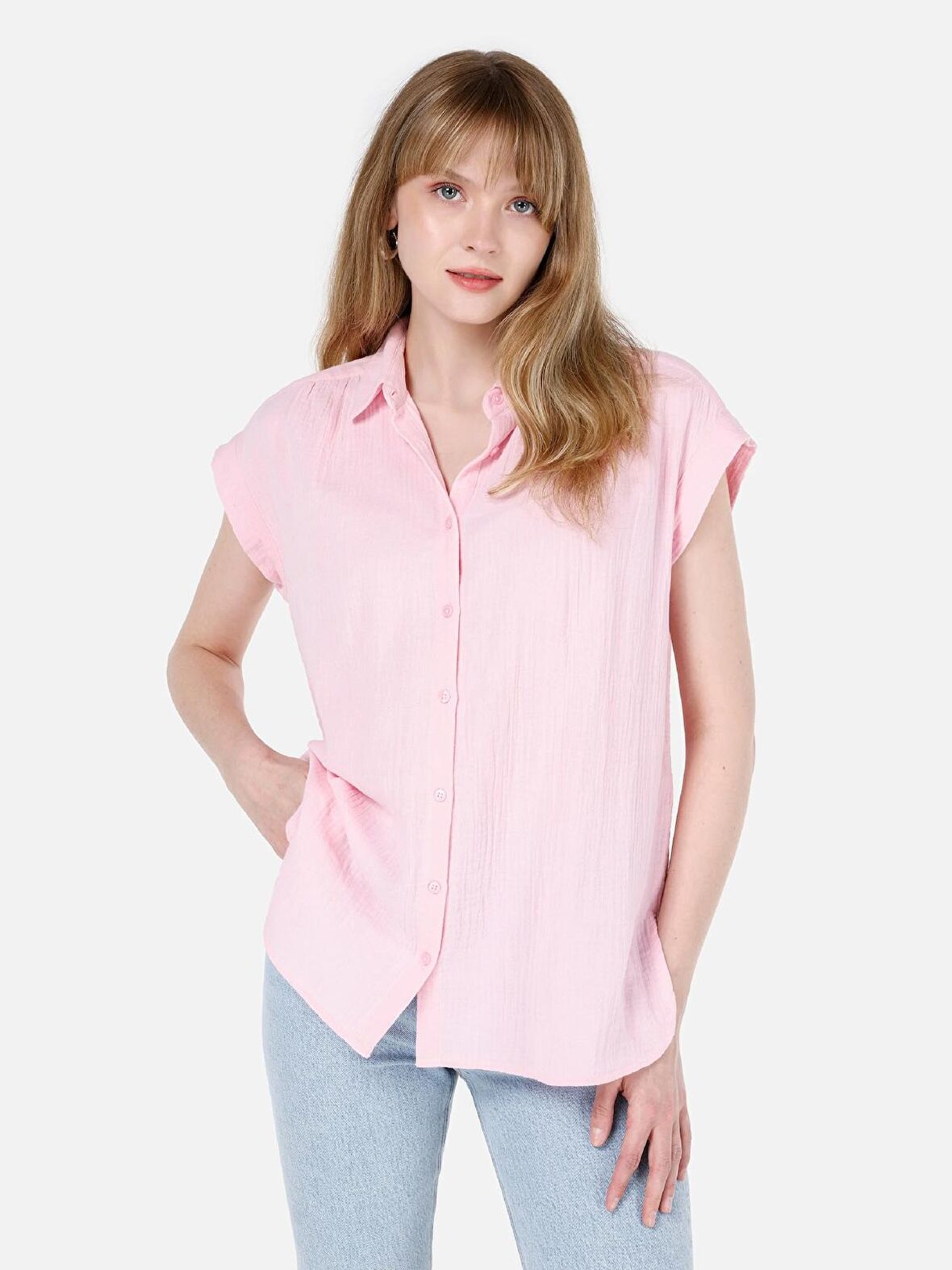 Normal Kesim Shirt Yaka Pembe Kısa Kol Kadın Gömlek Cl1067880