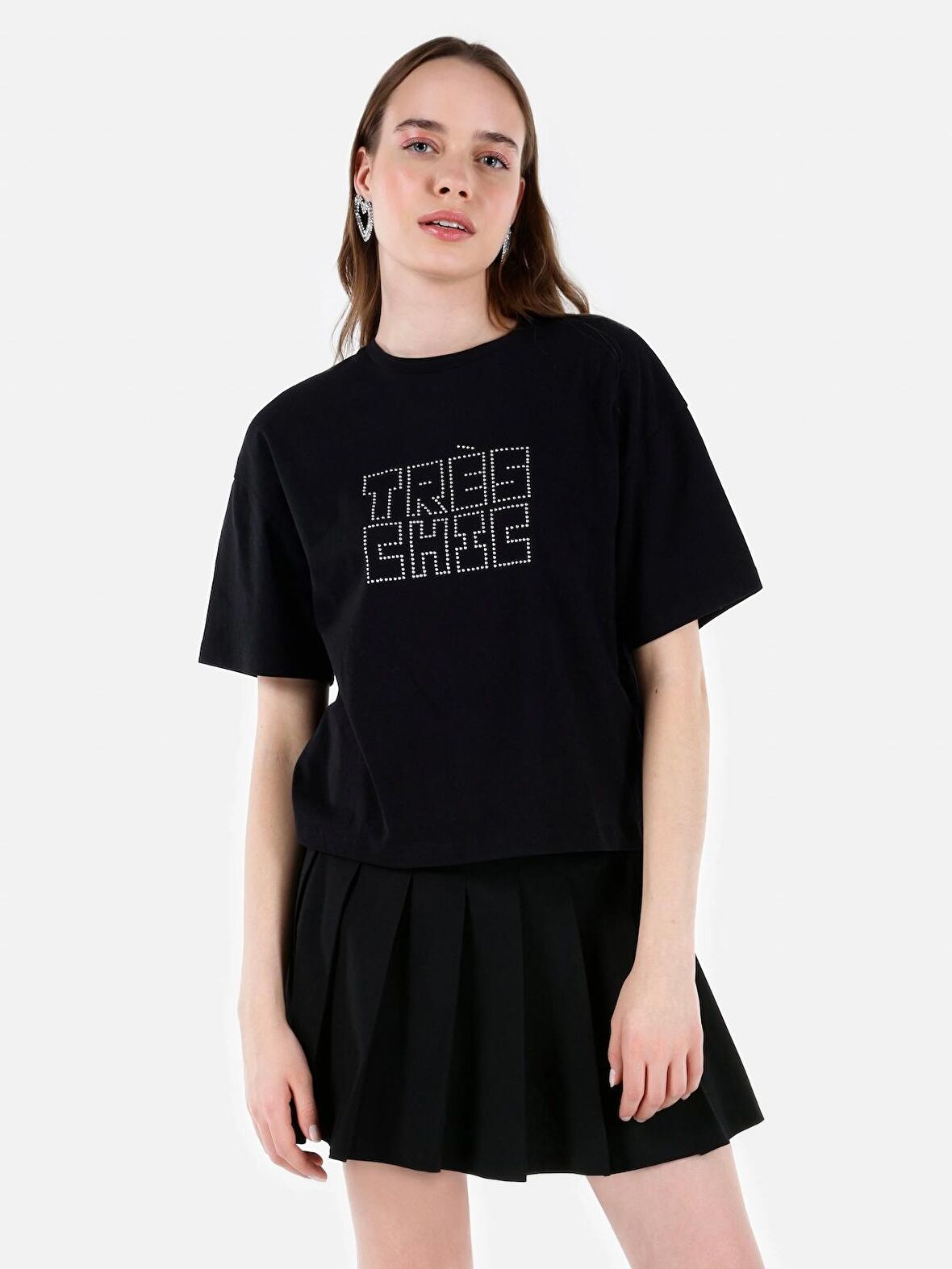 Normal Kesim Bisiklet Yaka Baskılı Siyah Kadın Kısa Kol Tişört Cl1067963