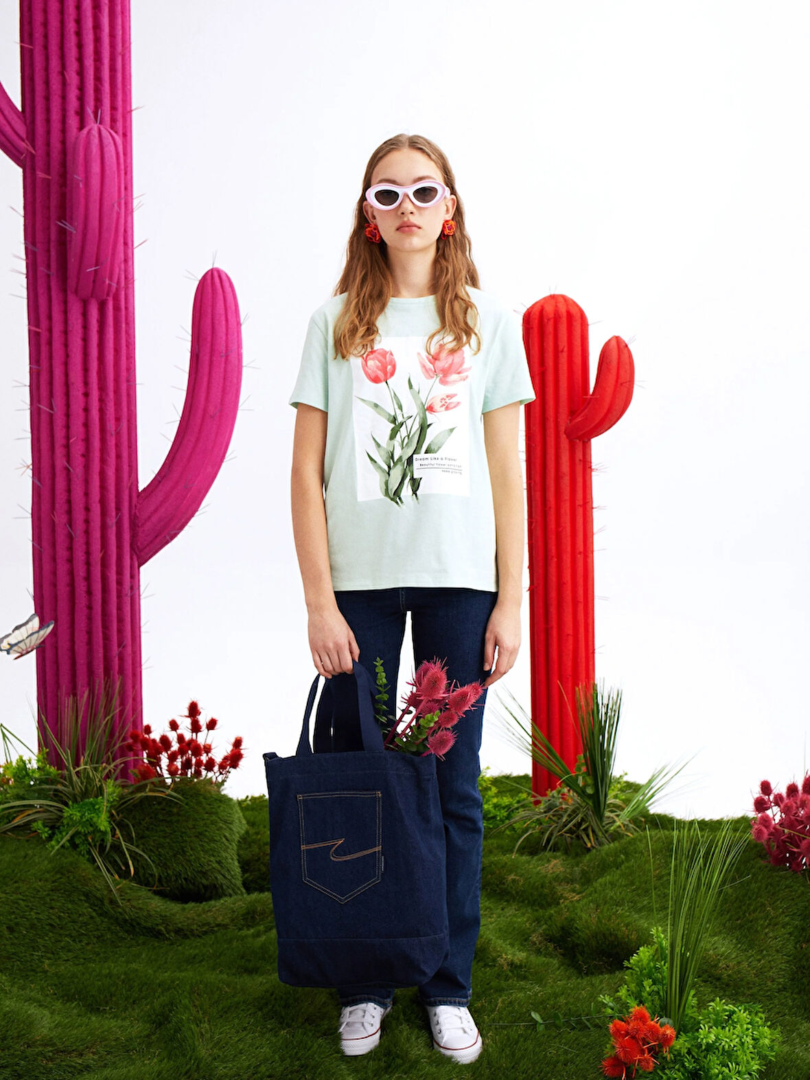 Regular Fit Yuvarlak Yaka Baskılı Kadın Yeşil Kısa Kol Tişört