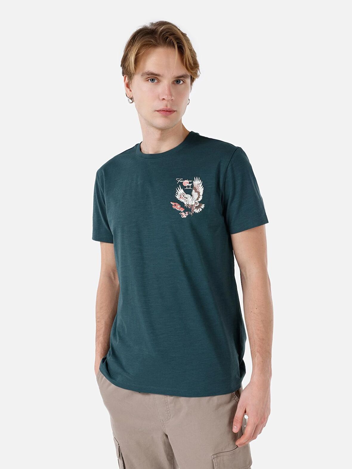 Normal Kesim Bisiklet Yaka Baskılı Yeşil Erkek Kısa Kol Tişört Cl1068071