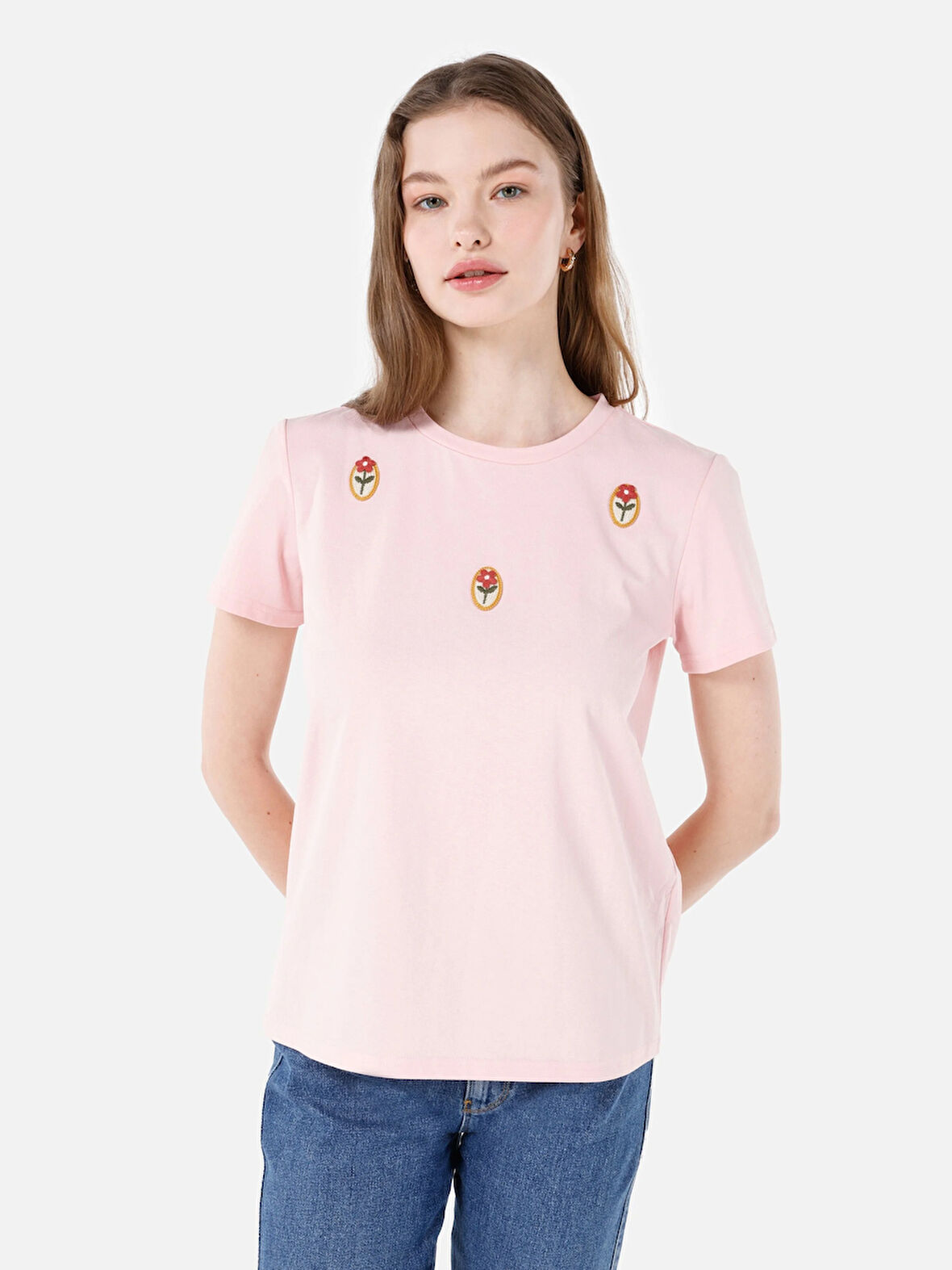 Normal Kesim Bisiklet Yaka Pembe Kadın Kısa Kol Tişört