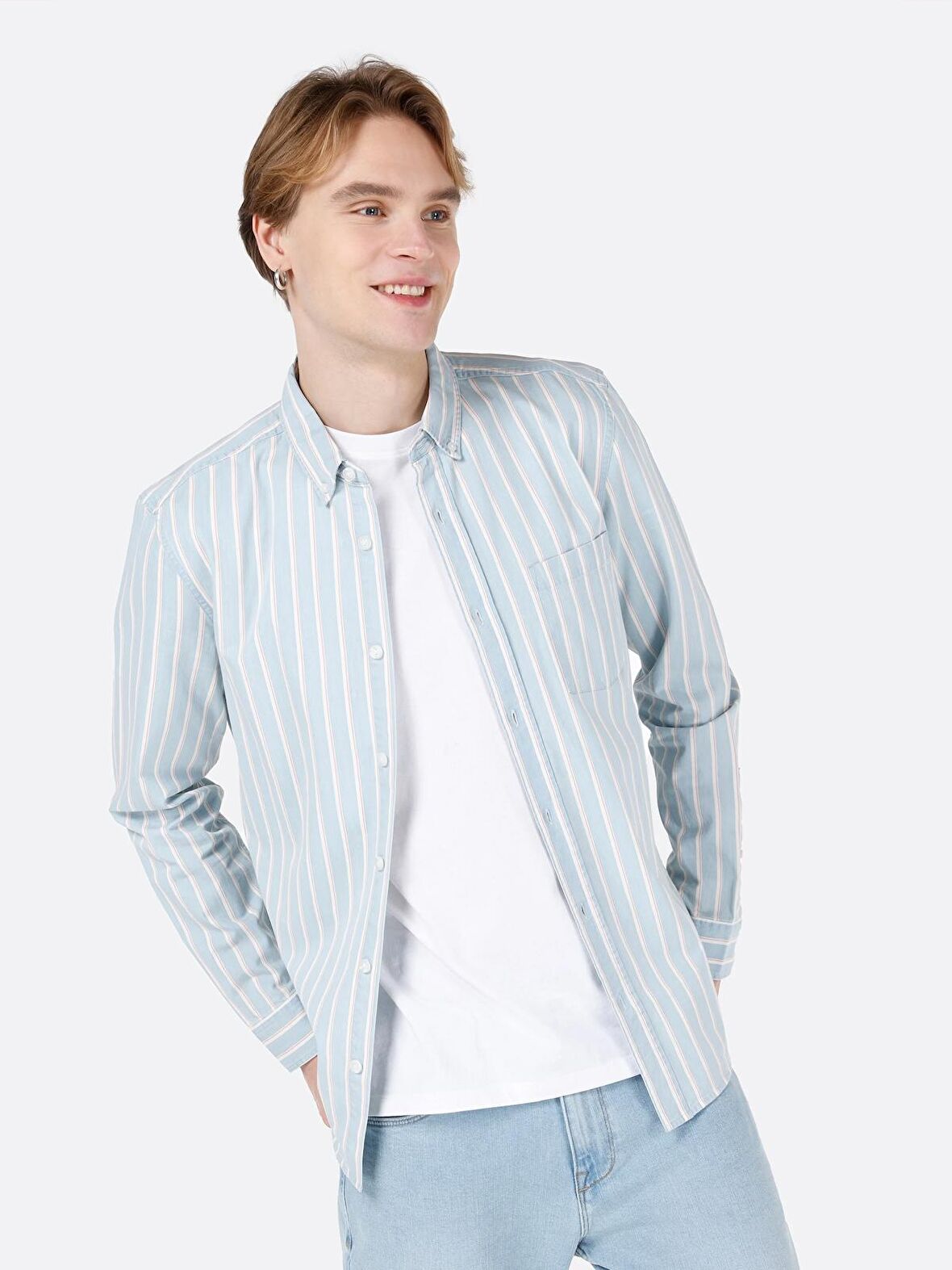 Dar Kesim Shirt Yaka Mavi Erkek Uzun Kol Gömlek