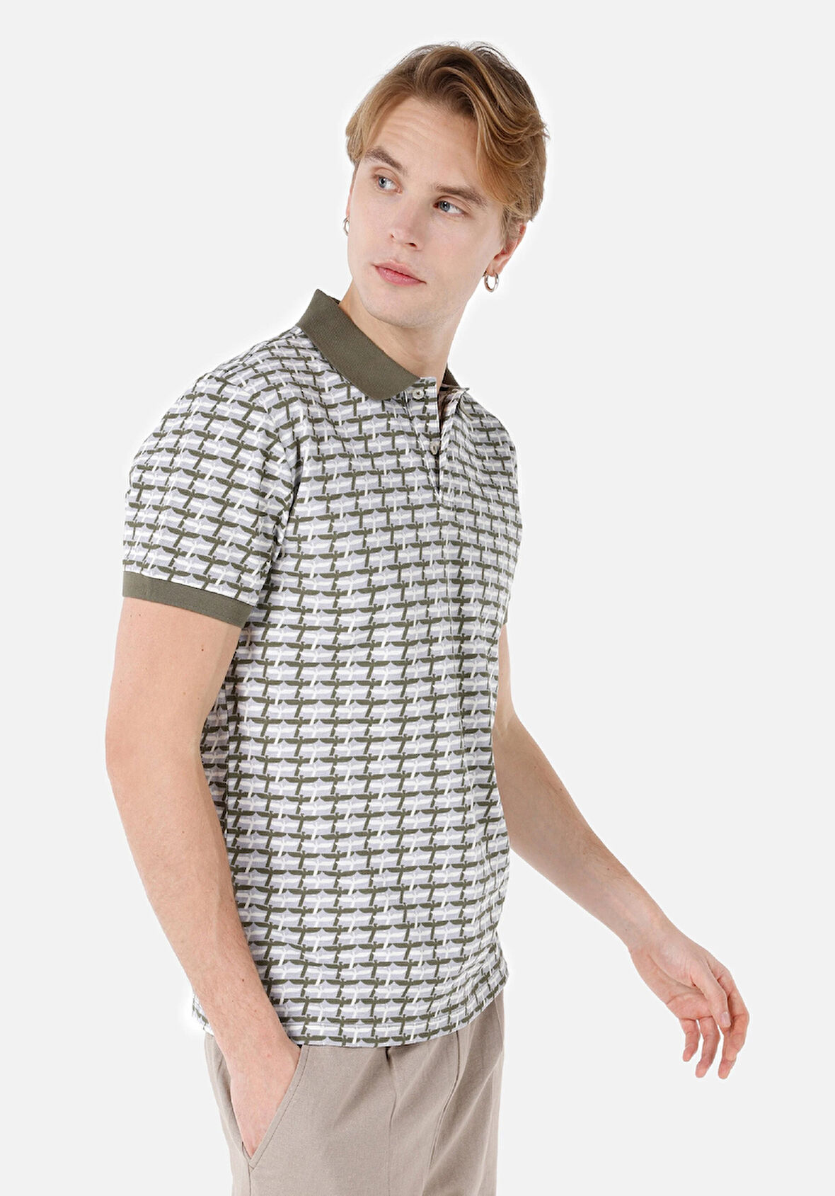 Regular Fit Polo Yaka Baskılı Erkek Yeşil Kısa Kol Tişört