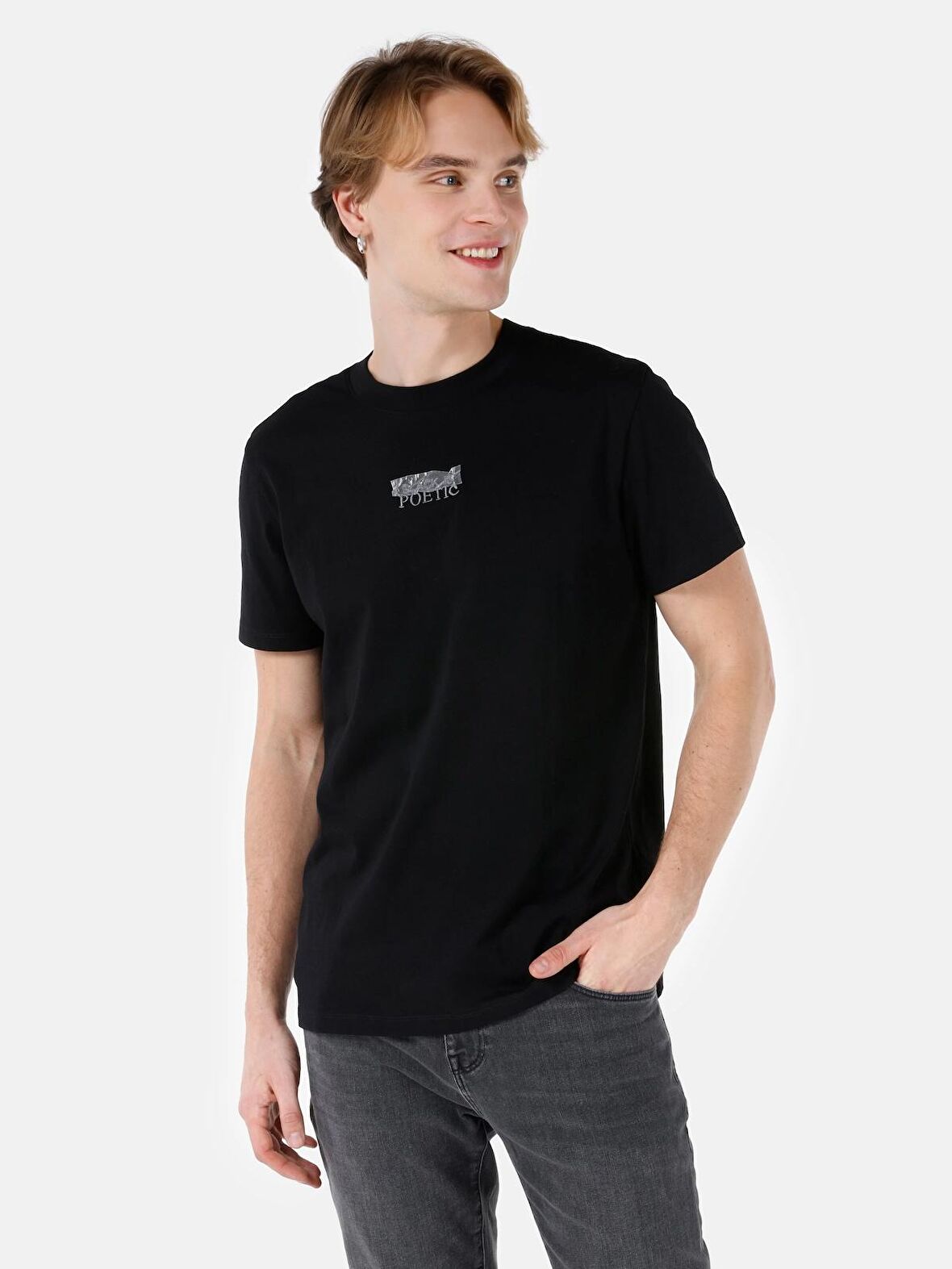 Normal Kesim Bisiklet Yaka Baskılı Siyah Erkek Kısa Kol Tişört Cl1068192