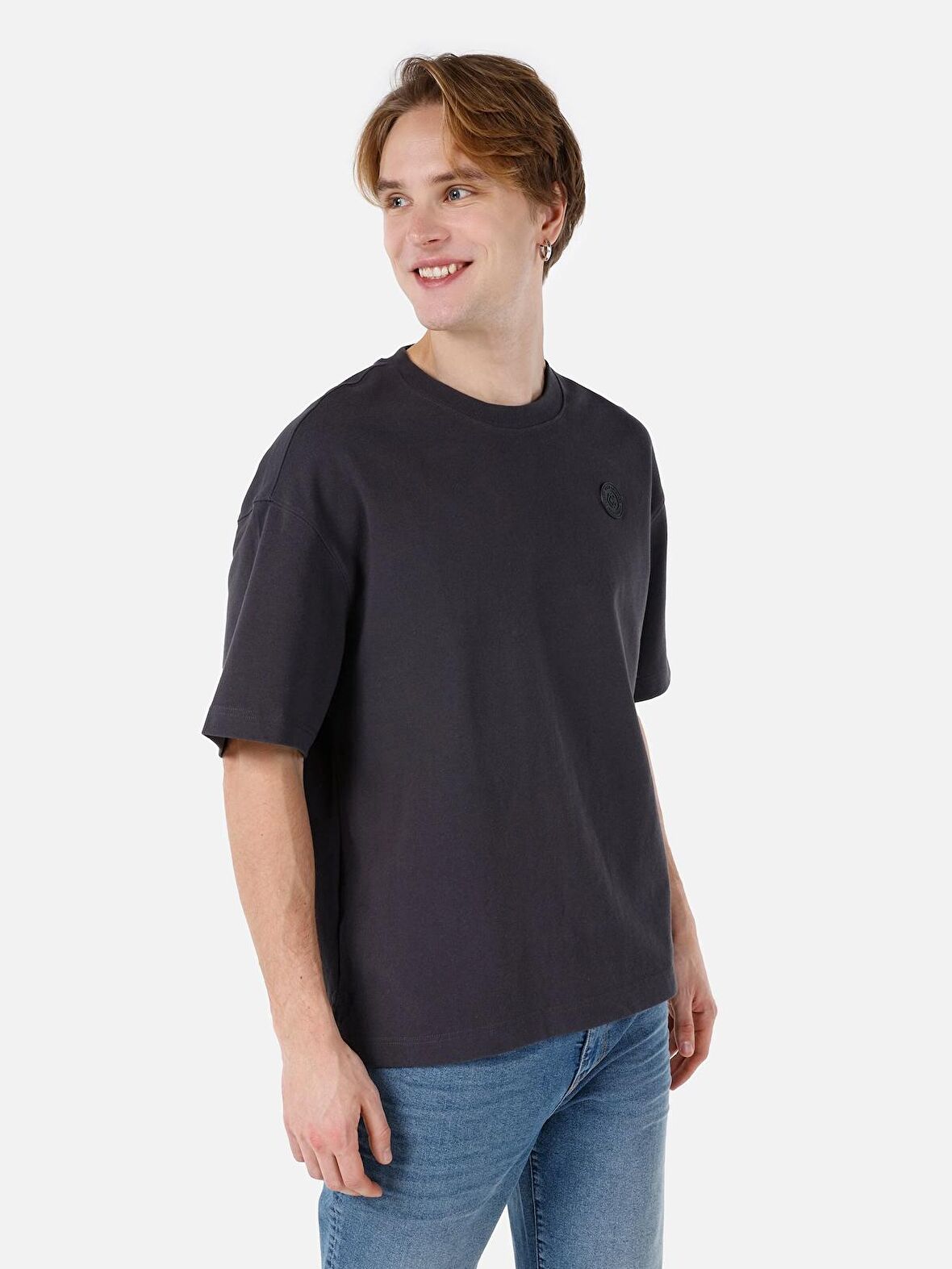 Rahat Kesim Bisiklet Yaka Baskılı Antrasit Erkek Kısa Kol Tişört Cl1068199