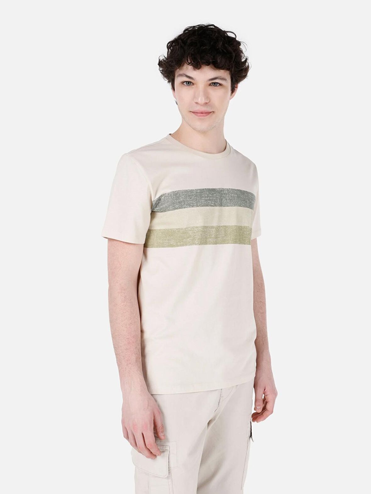 Normal Kesim Bisiklet Yaka Çizgili Bej Erkek Kısa Kol Tişört Cl1068416