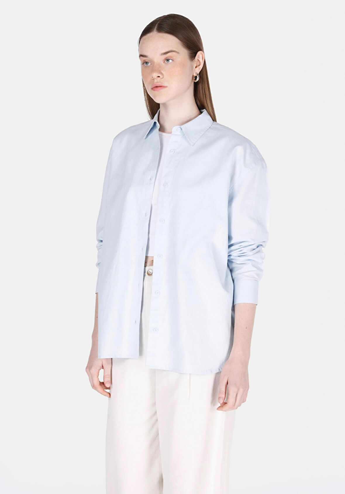 Relaxed Fit Shirt Neck Düz Kadın Mavi Uzun Kol Gömlek