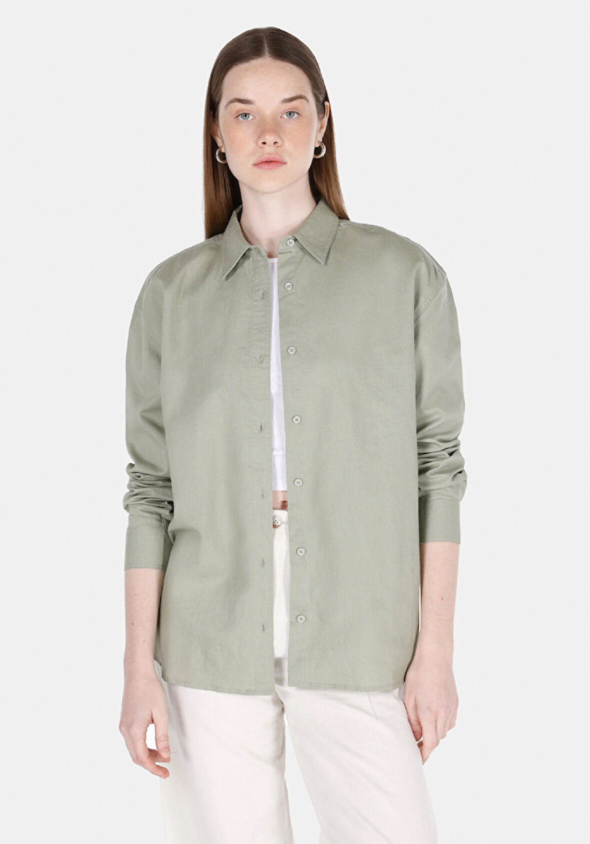 Relaxed Fit Shirt Neck Düz Kadın Yeşil Uzun Kol Gömlek
