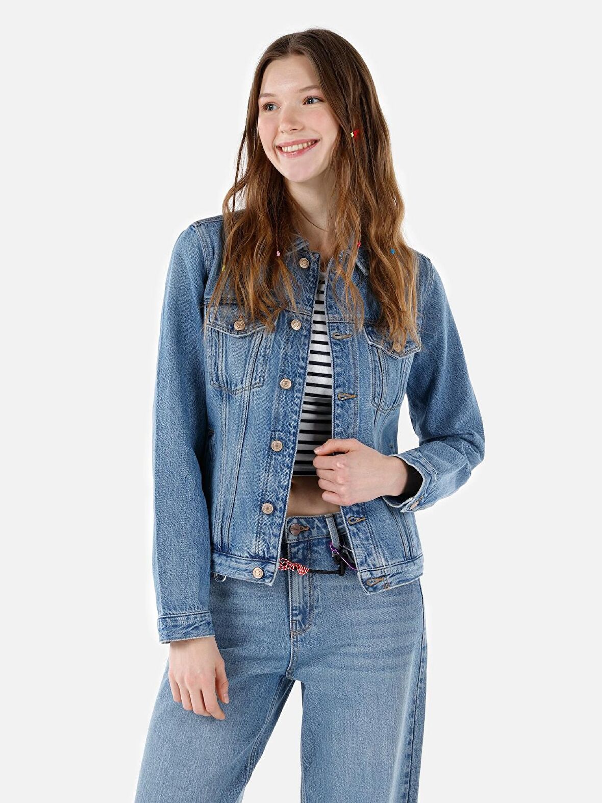 Dar Kesim Kadın Mavi Jean Ceket
