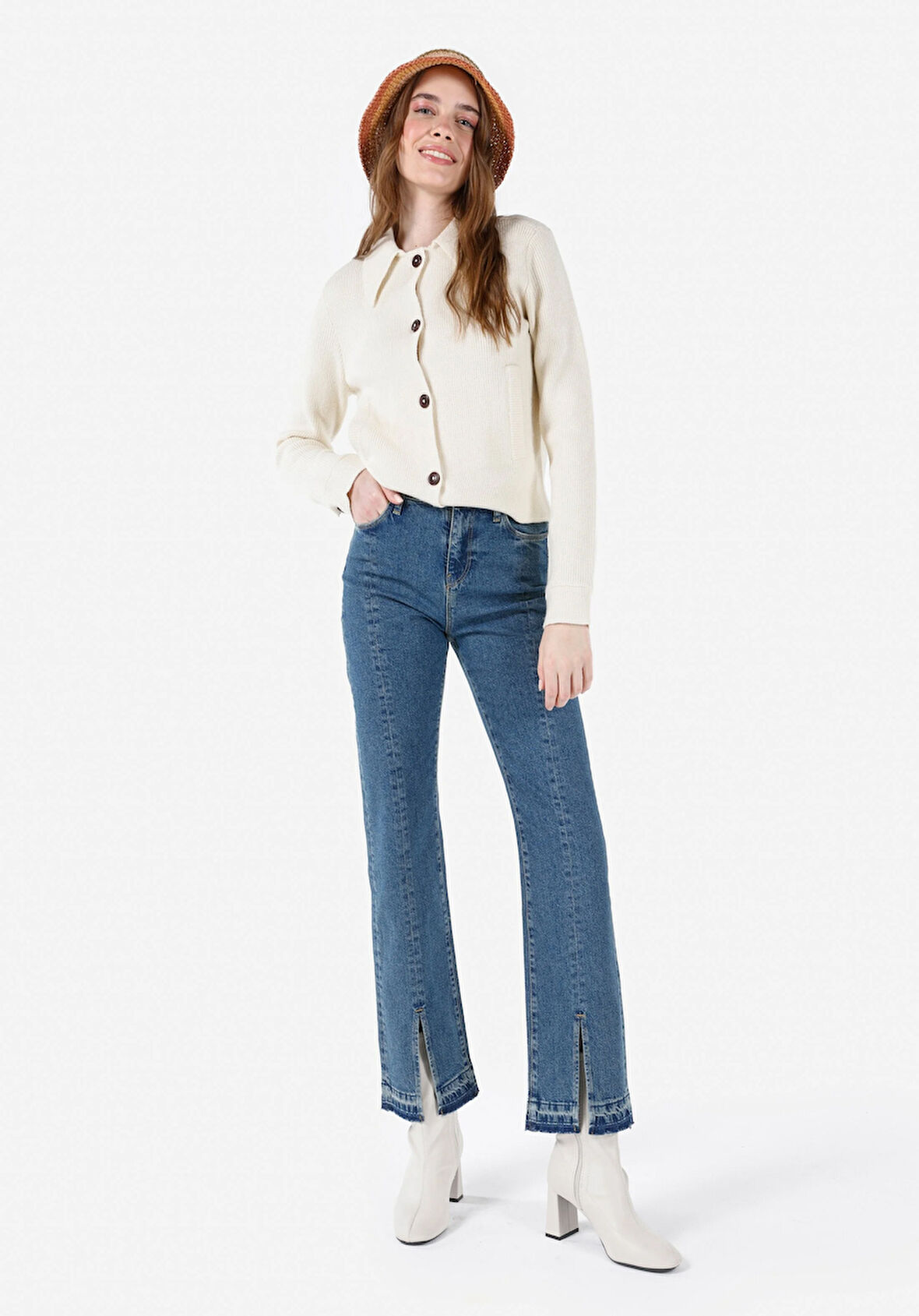 729 Maggy Normal Kesim Yüksek Bel Slit Hem Paça Mavi Kadın Pantolon Cl1068673