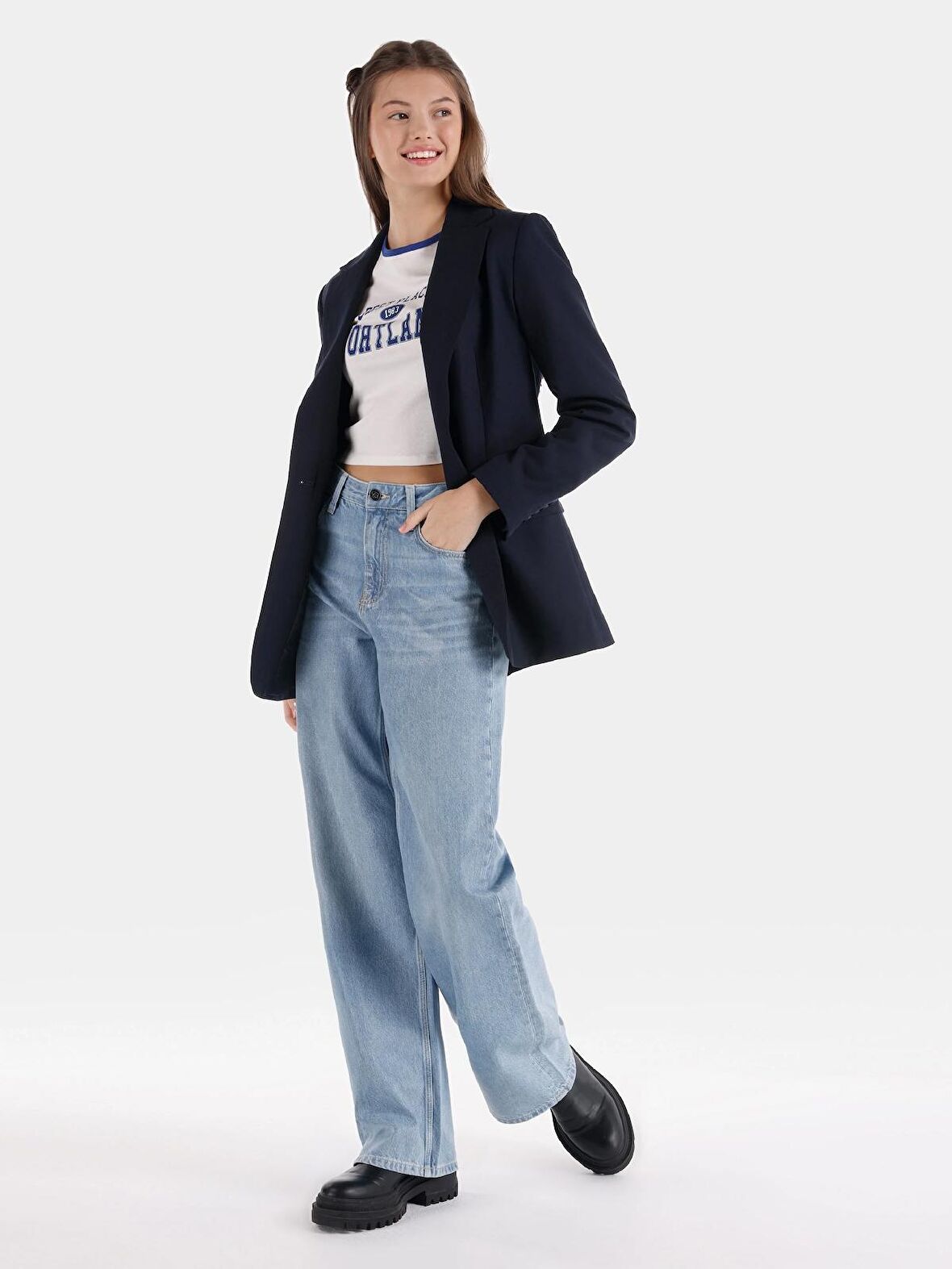 970 Berry Normal Kesim Yüksek Bel Geniş Paça Mavi Kadın Pantolon Cl1068704