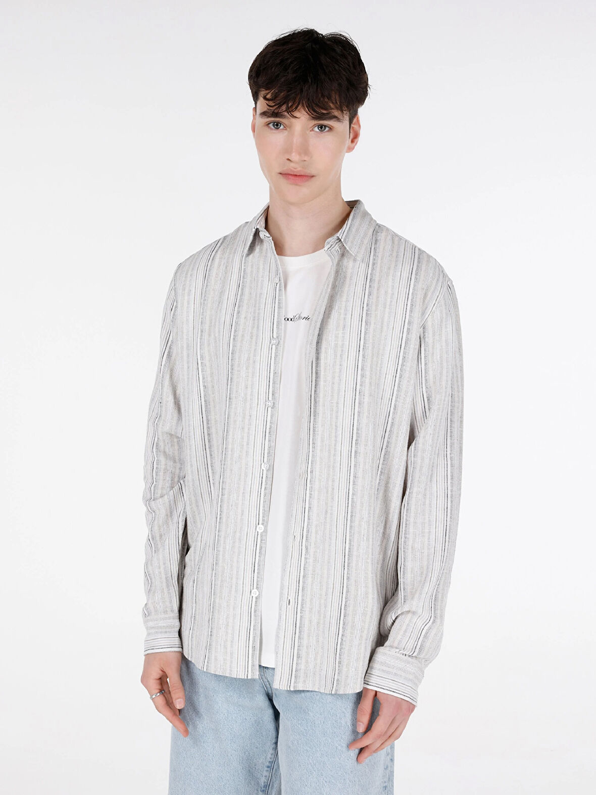 Regular Fit Shirt Yaka Çizgi Desenli Ekru Erkek Uzun Kol Gömlek