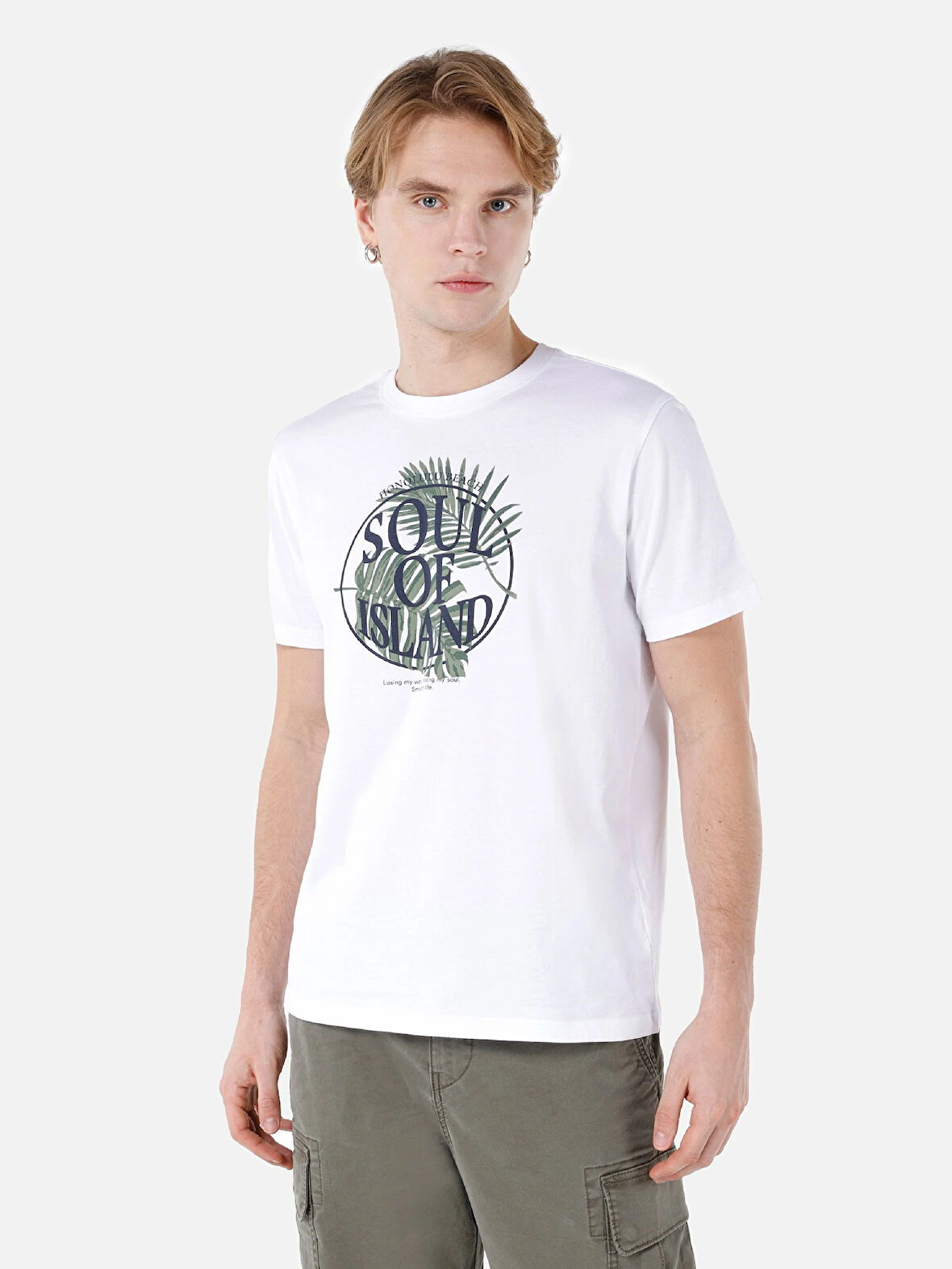 Regular Fit Bisiklet Yaka Baskılı Beyaz Erkek Kısa Kol Tişört