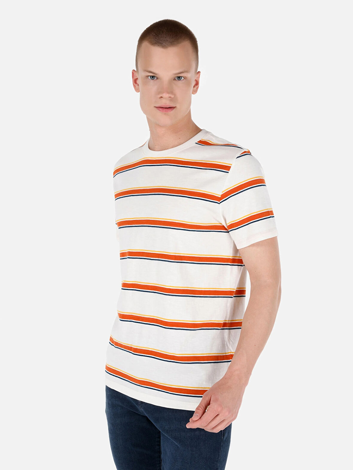 Regular Fit Bisiklet Yaka Çizgi Desenli Beyaz Erkek Kısa Kol Tişört