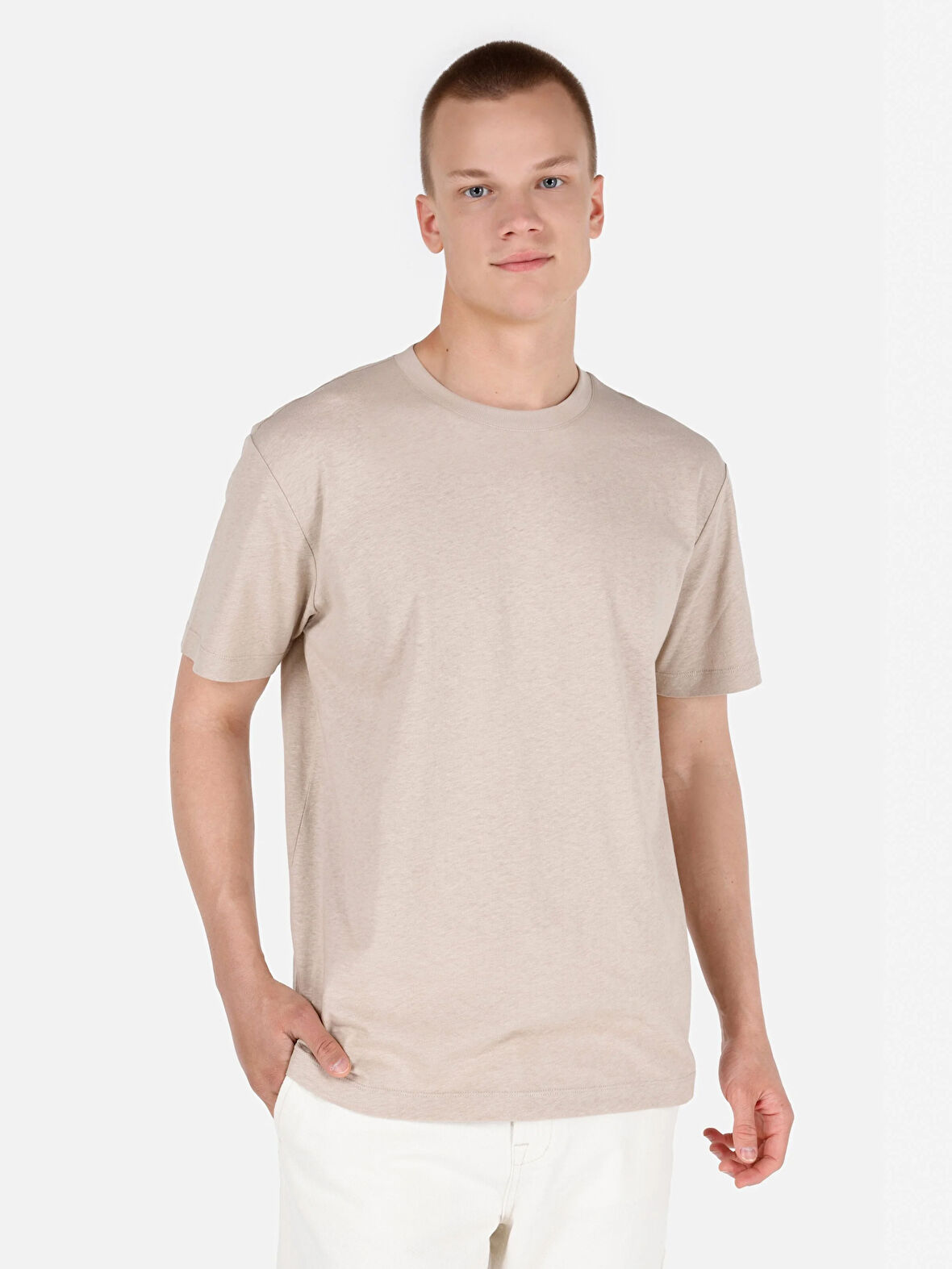 Normal Kesim Bisiklet Yaka Basic Bej Erkek Kısa Kol Tişört