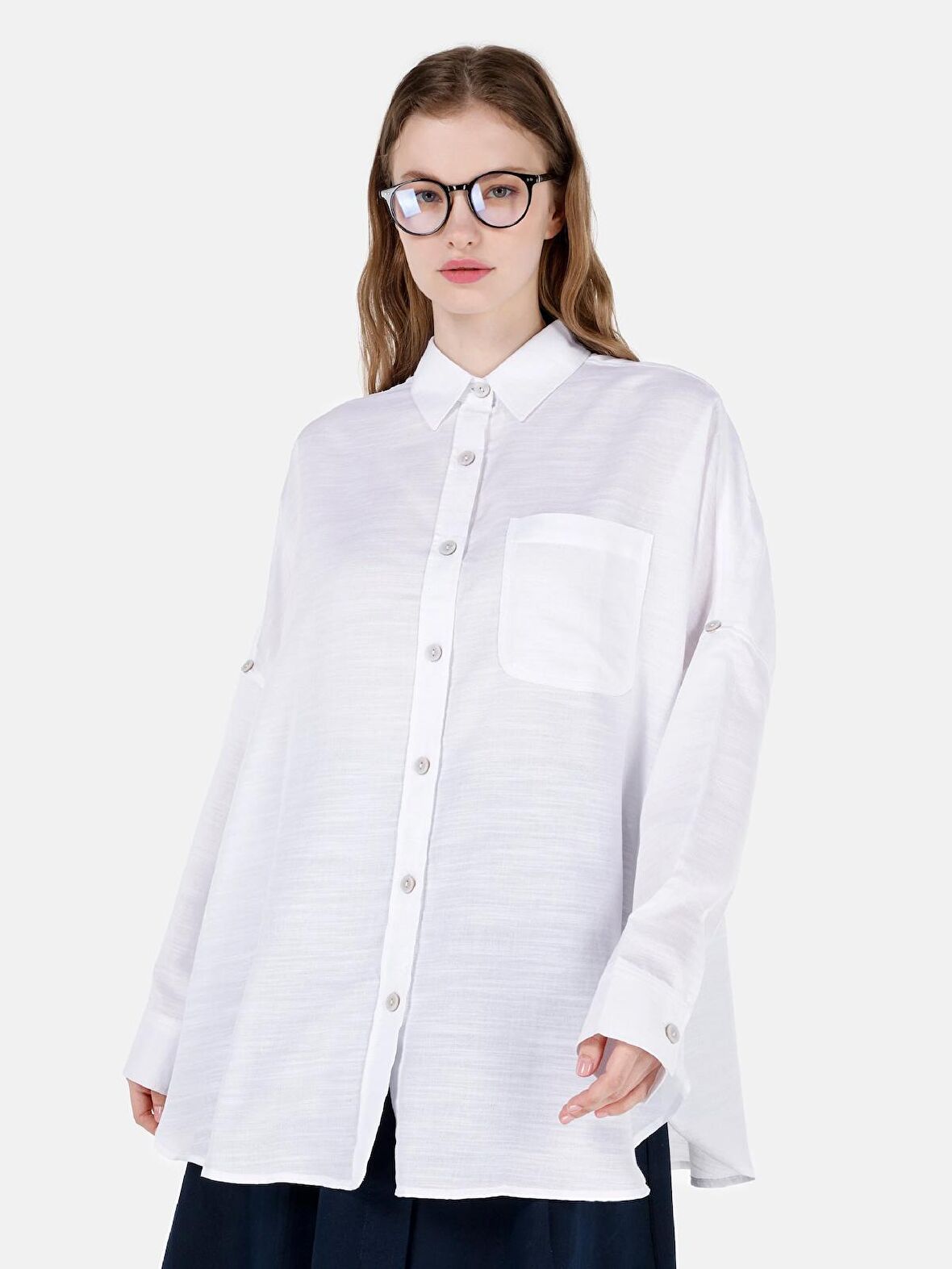 Normal Kesim Shirt Yaka Oversize Beyaz Kadın Uzun Kol Gömlek Cl1068904