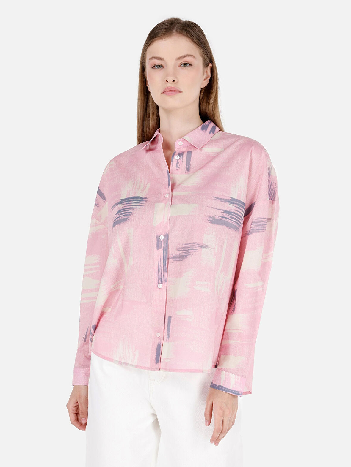 Normal Kesim Shirt Yaka Pembe Kadın Uzun Kol Gömlek Cl1068909