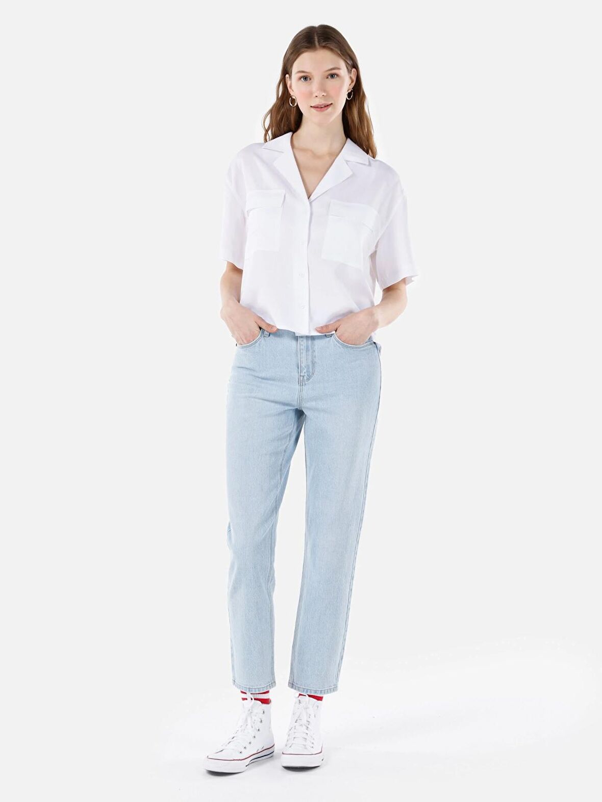 896 Maria Mom Fit Yüksek Bel Düz Paça Mavi Kadın Pantolon Cl1069225