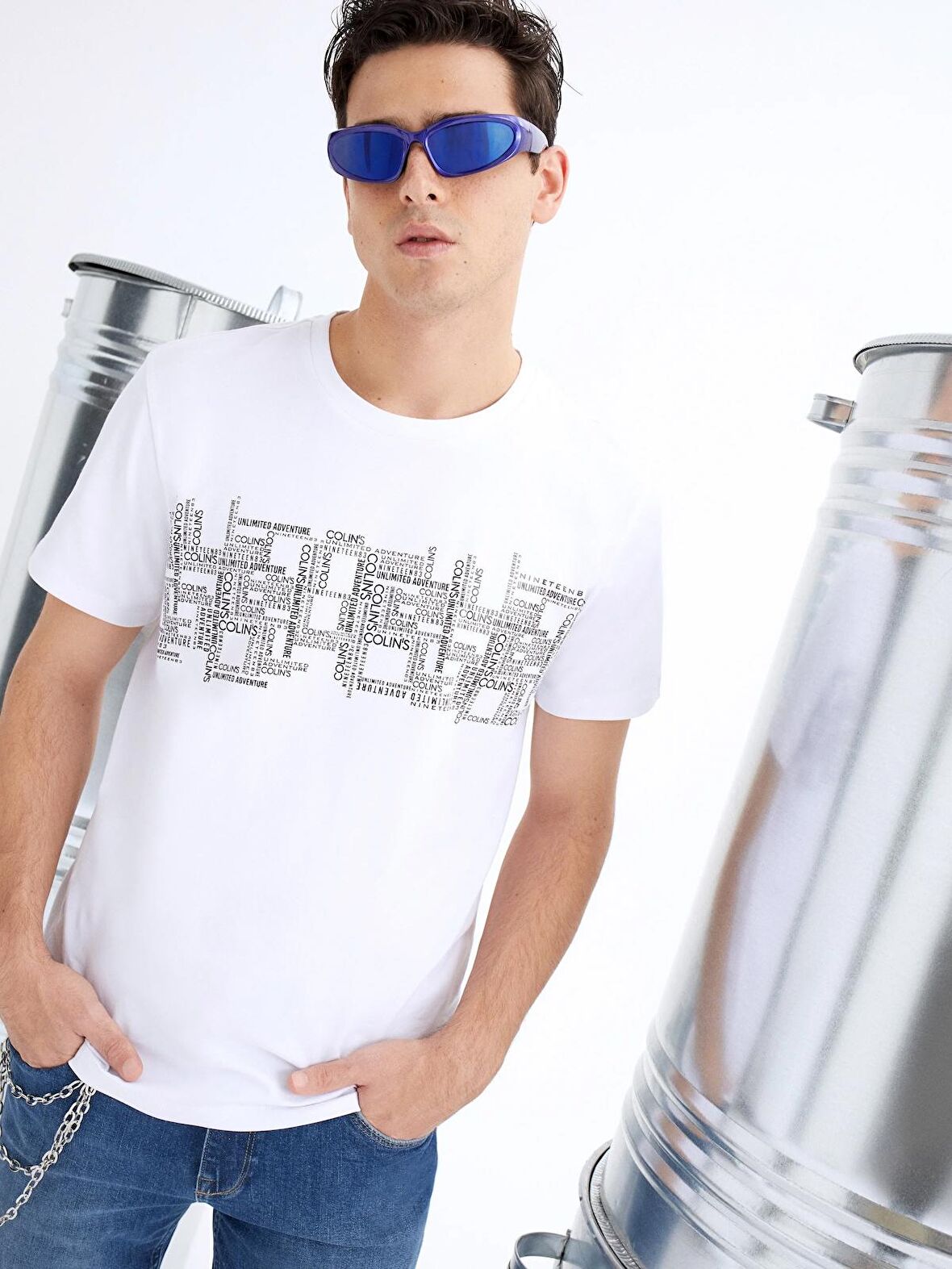 Normal Kesim Bisiklet Yaka Baskılı Beyaz Erkek Kısa Kol Tişört Cl1069257