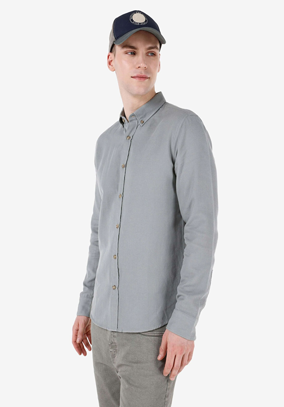 Slim Fit Shirt Neck Düz Erkek Yeşil Uzun Kol Gömlek