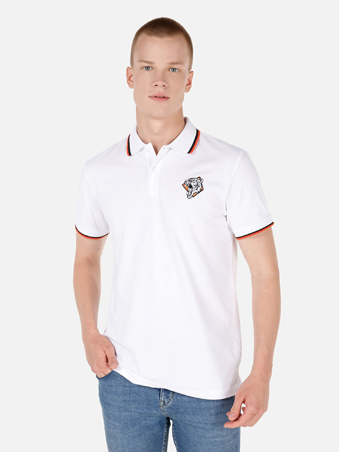 Regular Fit Polo Yaka Baskılı Beyaz Erkek Polo Kısa Kol