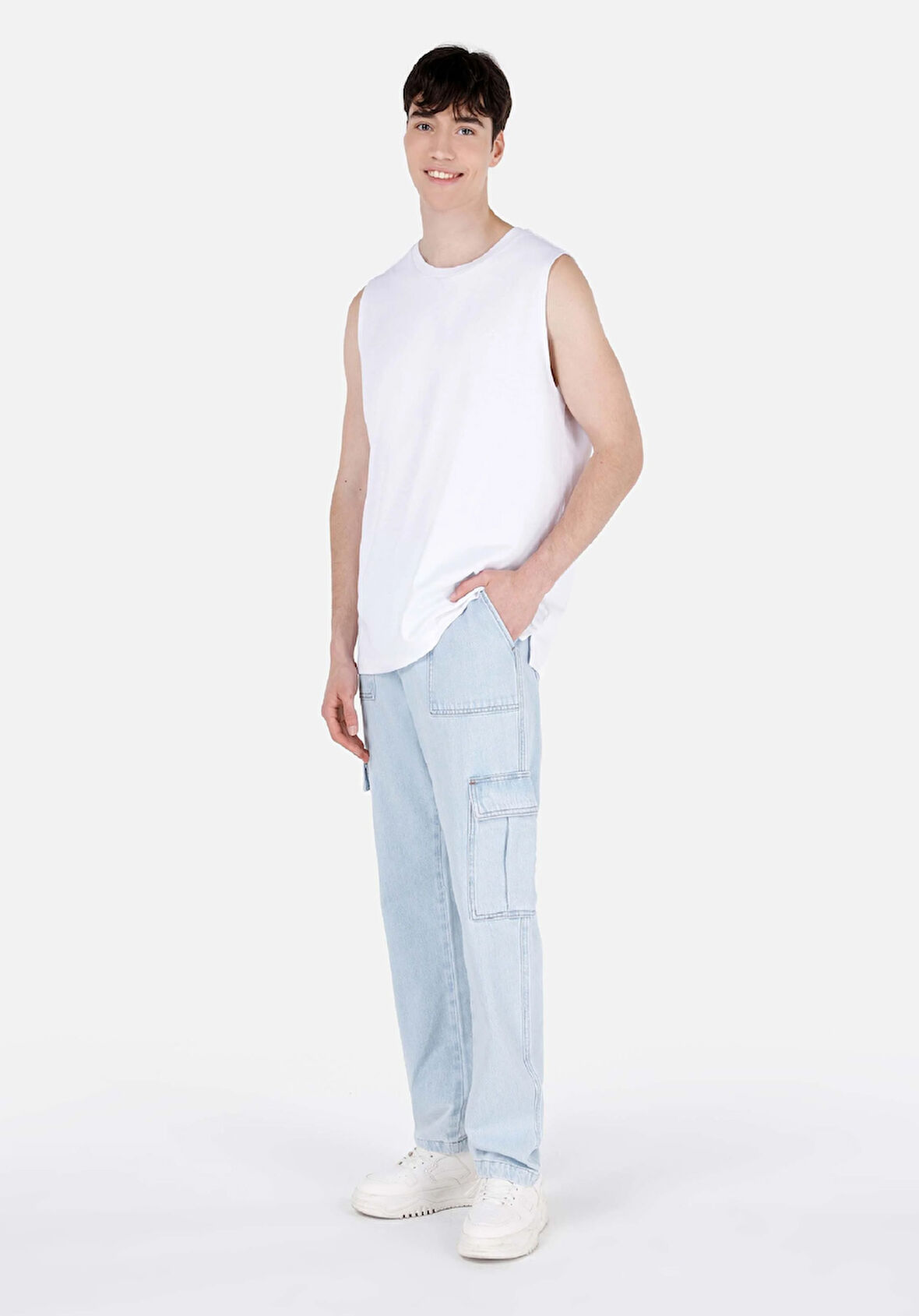 Cargo Fit Orta Bel Düz Paça Erkek Mavi Jean Pantolon