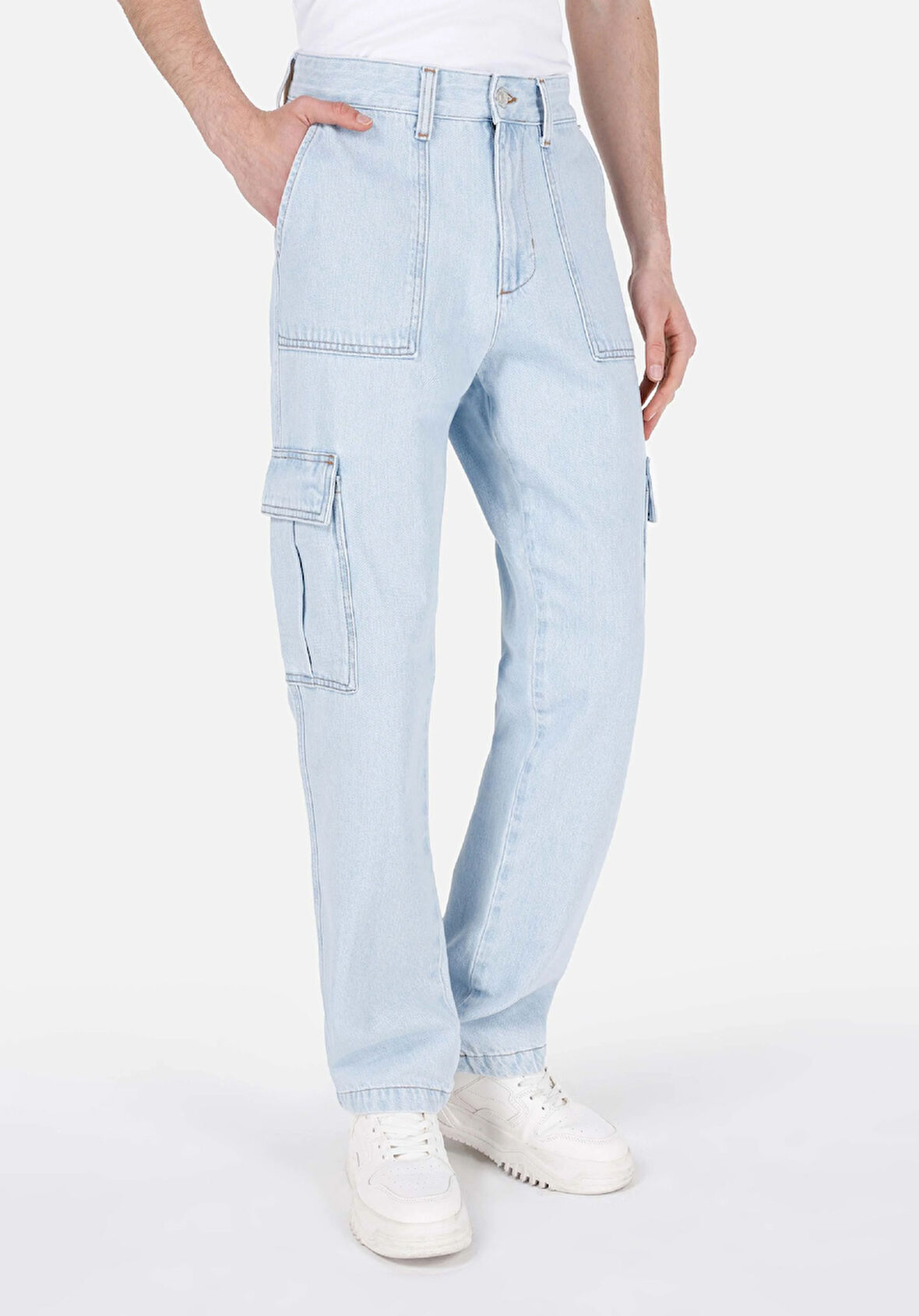 Cargo Fit Orta Bel Düz Paça Erkek Mavi Jean Pantolon